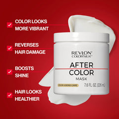 REVLON ColorSilk After Color Mask label closeup highlights vegan and color-safe formula.