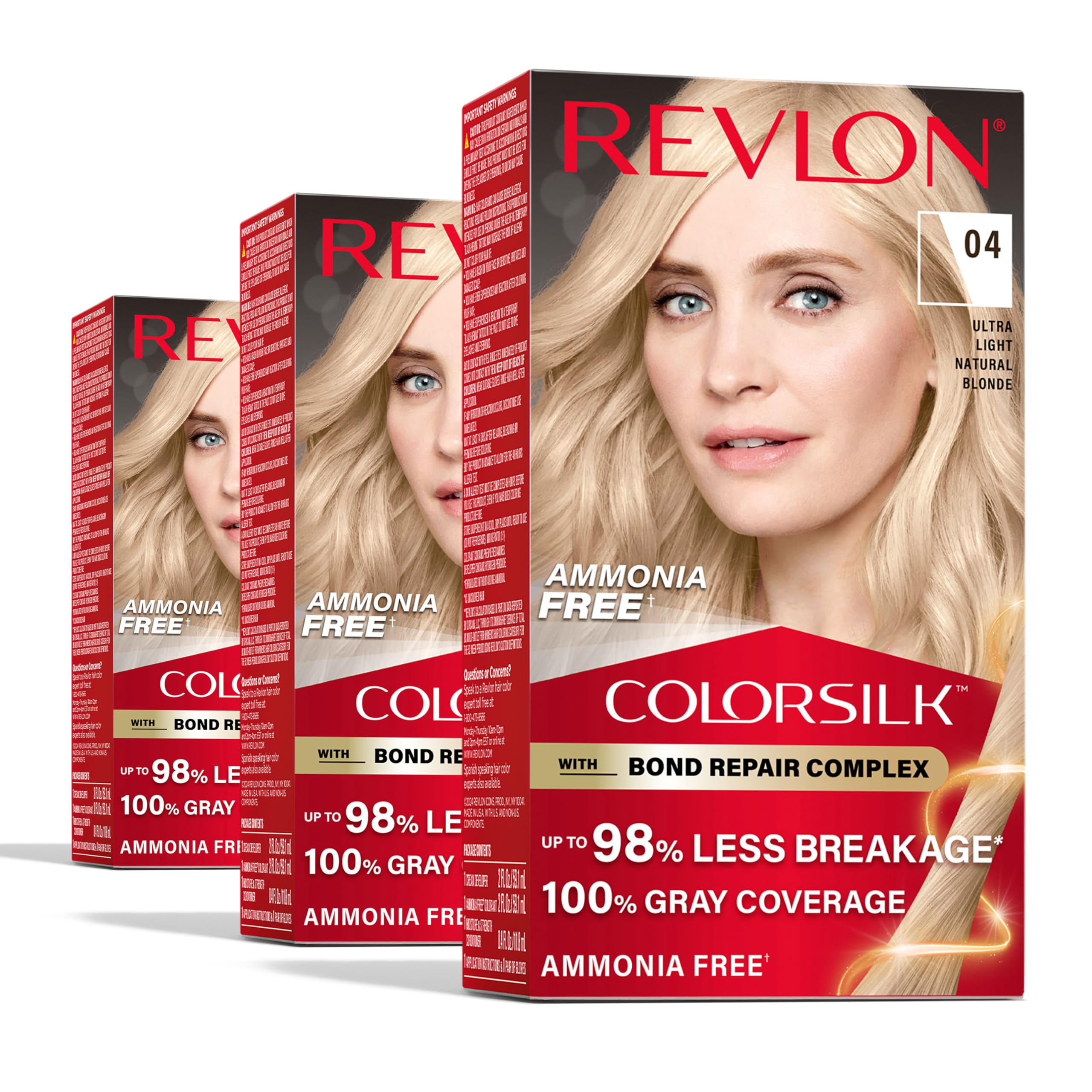 REVLON ColorSilk 3-pack box for at-home color with bond repair support.