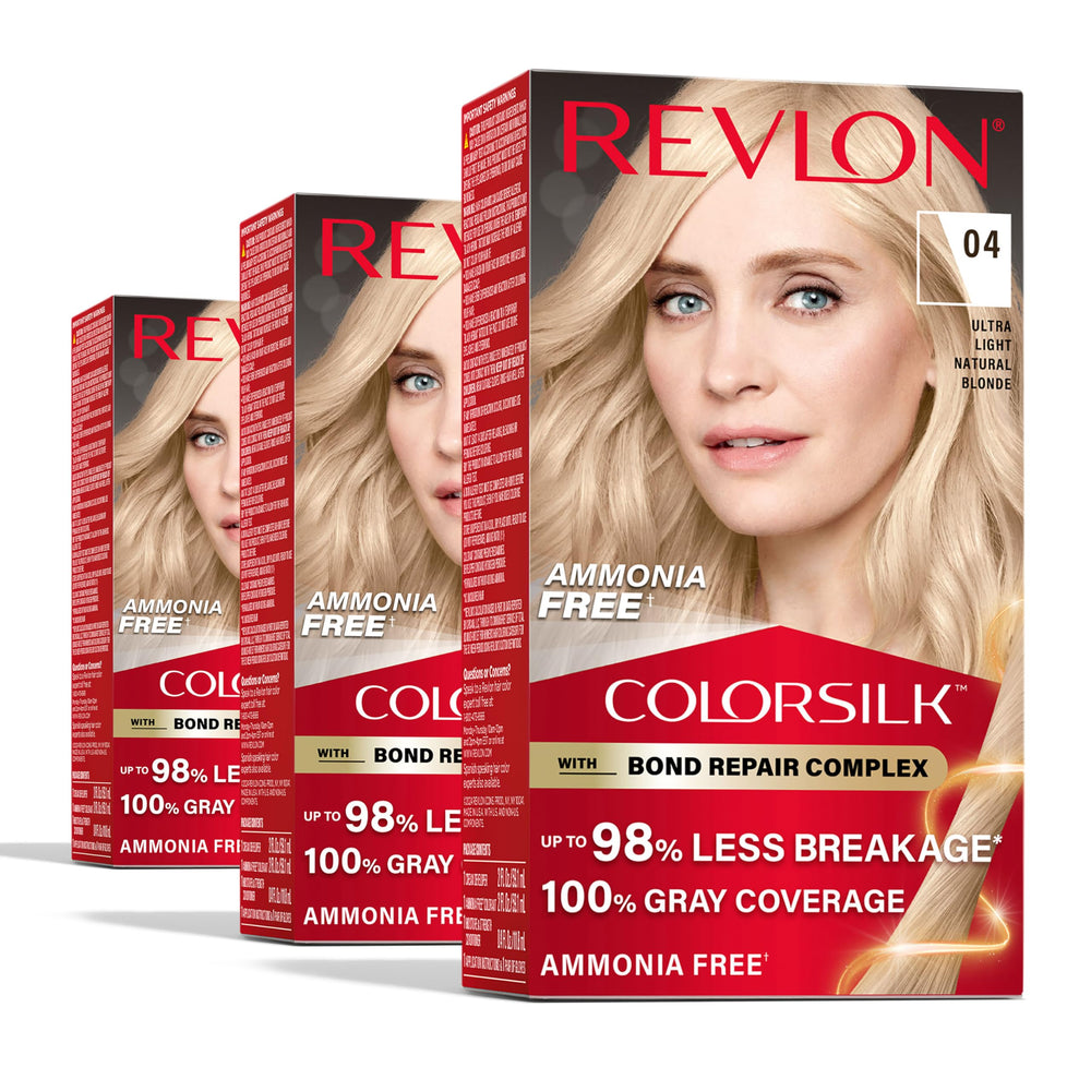 REVLON ColorSilk 3-pack box for at-home color with bond repair support.