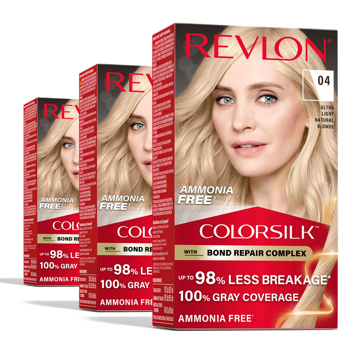 REVLON ColorSilk 3-pack box for at-home color with bond repair support.