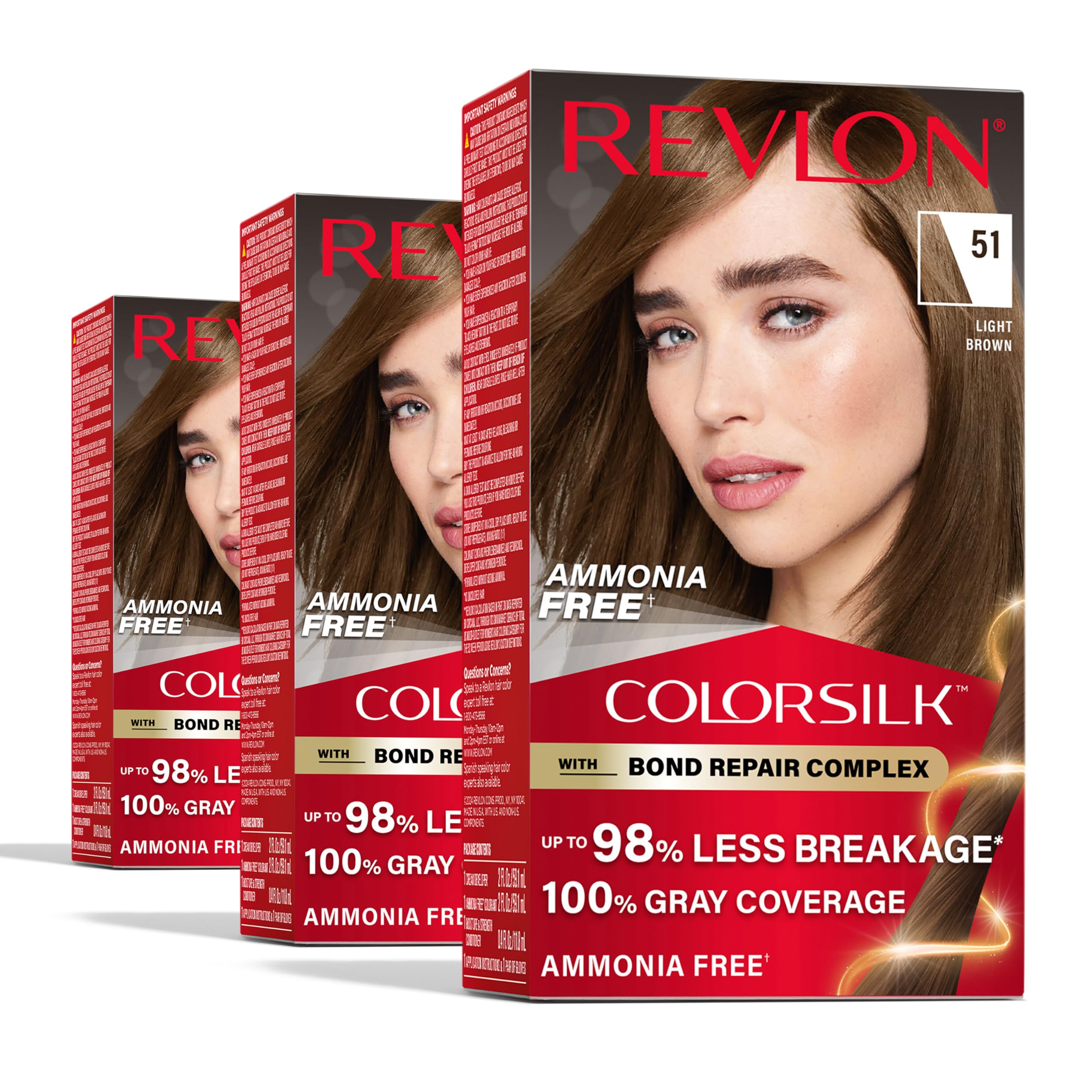 Revlon ColorSilk Bond Repair Brown 51 Light Brown shade on hair, three-pack provides full gray coverage