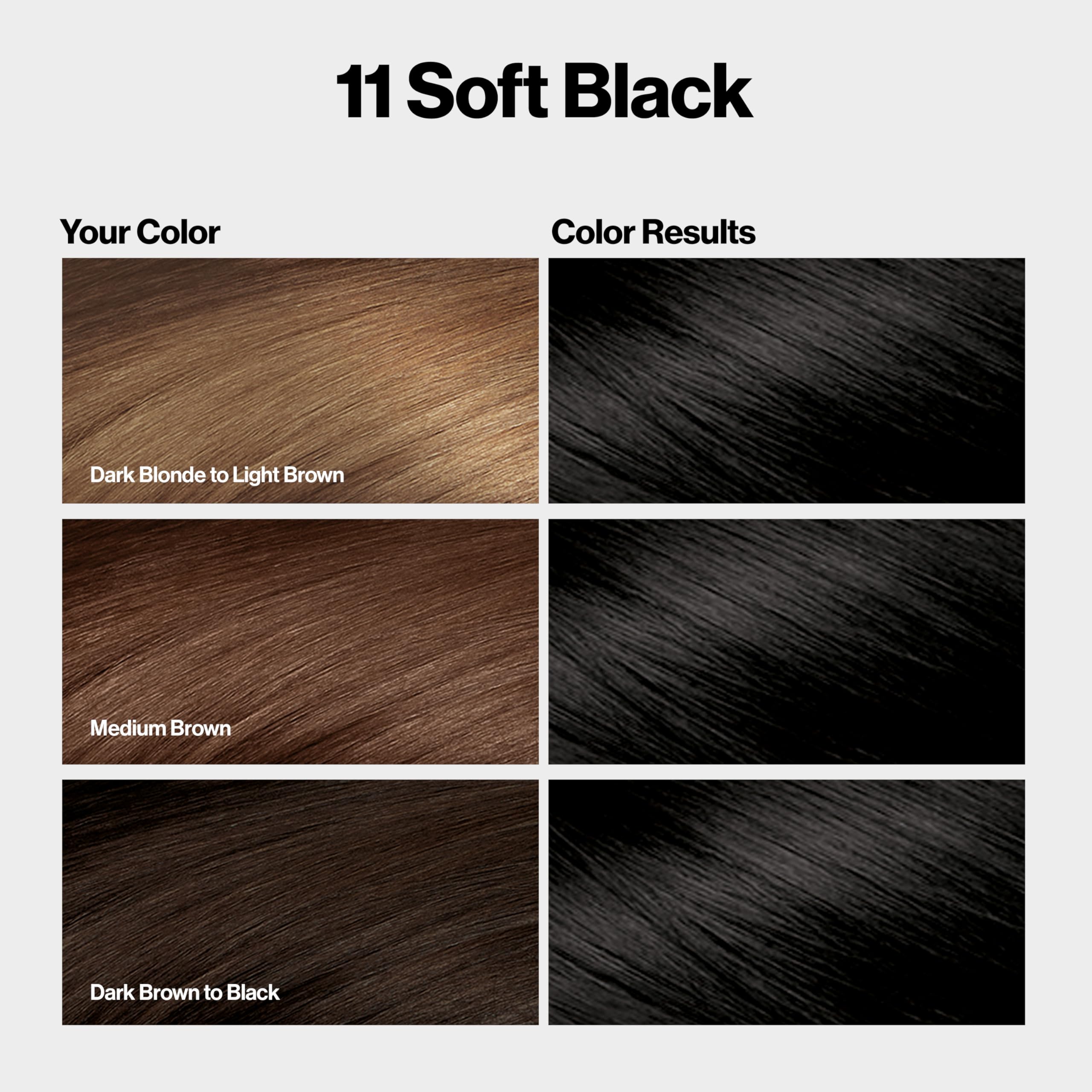 REVLON ColorSilk soft-black swatch on hair suggests rich, even color.