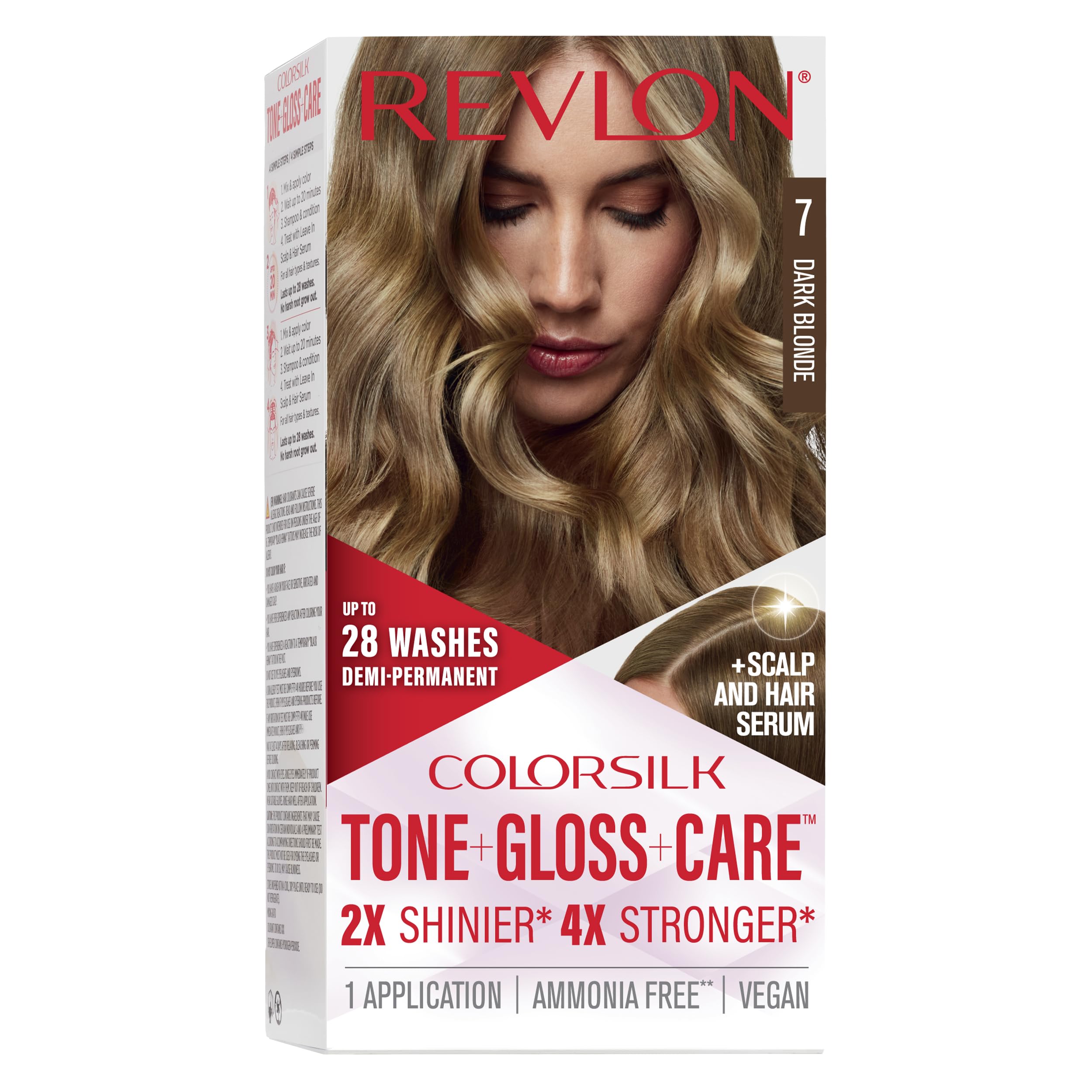 Revlon ColorSilk Tone + Gloss application close-up shows vibrant, glossy color.