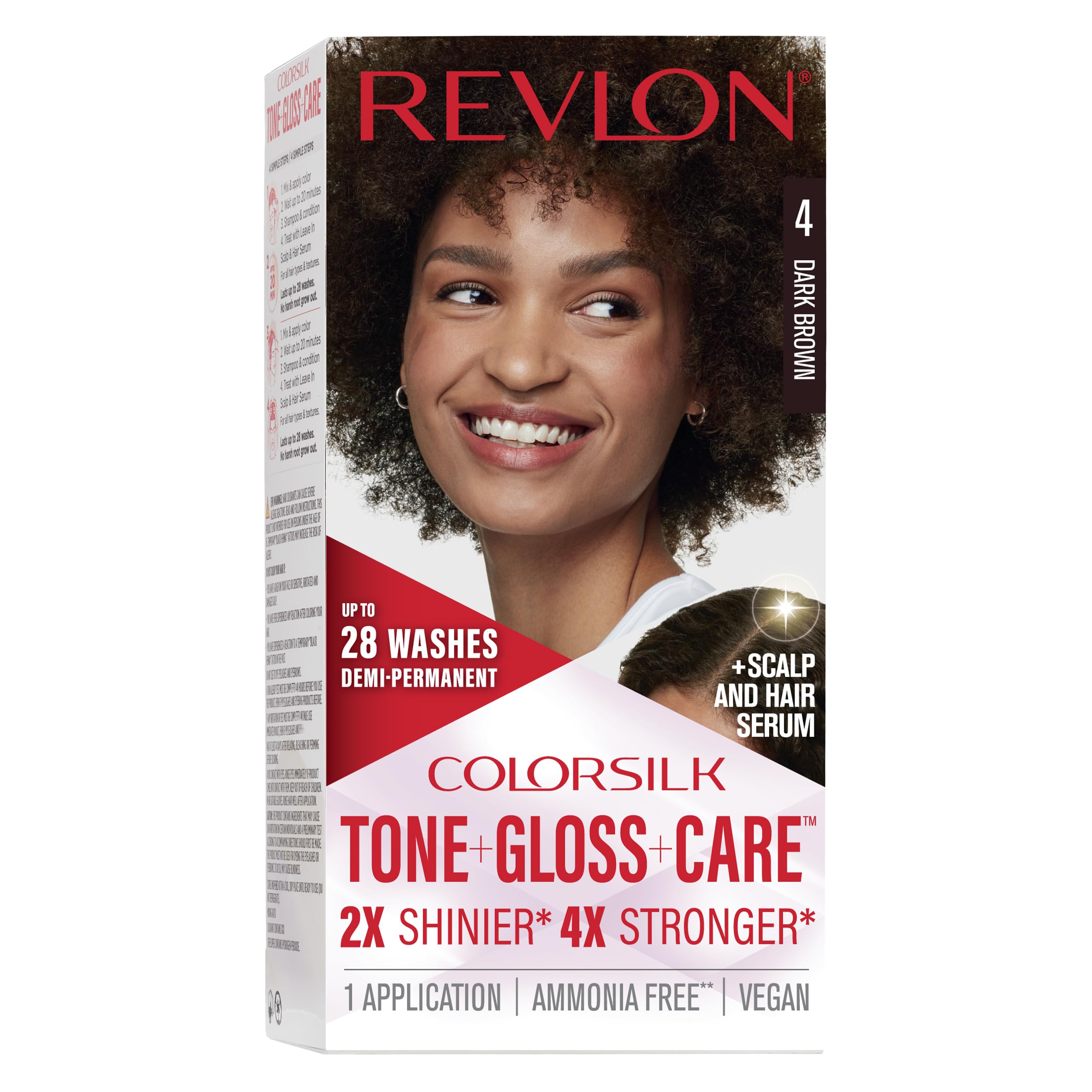 REVLON ColorSilk Tone + Gloss care dye kit box with serum for vibrant color results.