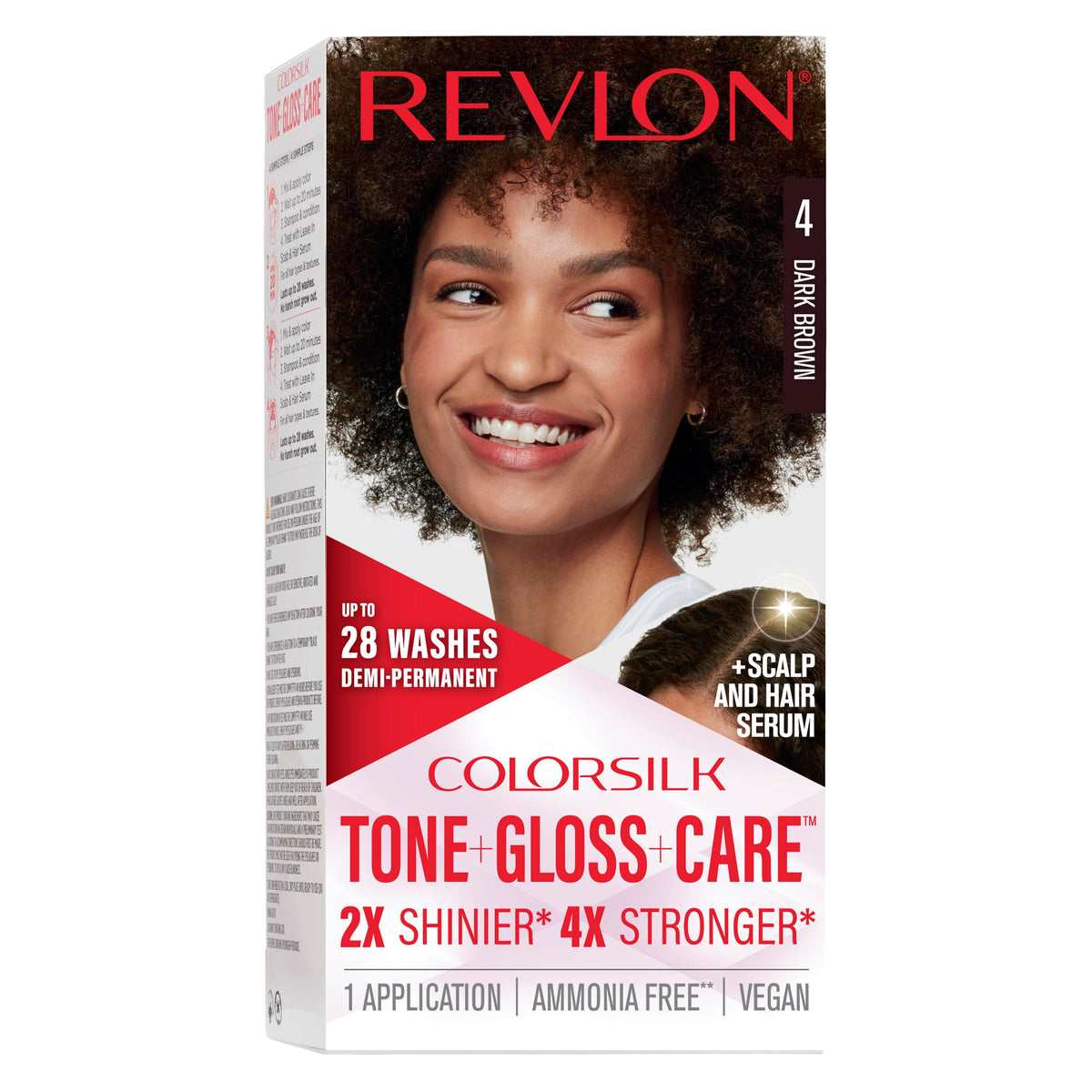 REVLON ColorSilk Tone + Gloss care dye kit box with serum for vibrant color results.