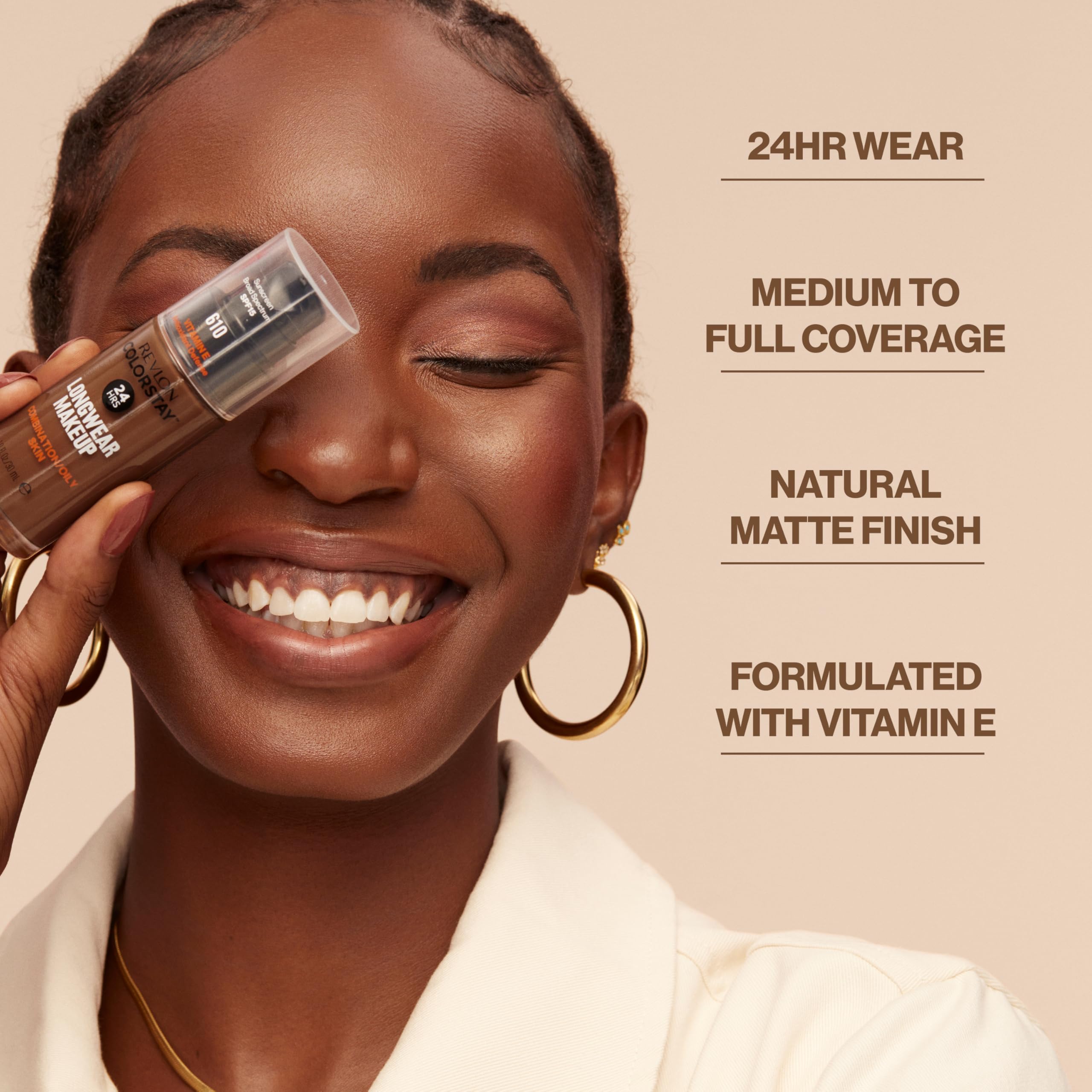 Revlon ColorStay shade swatches illustrate diverse tones for a natural match.