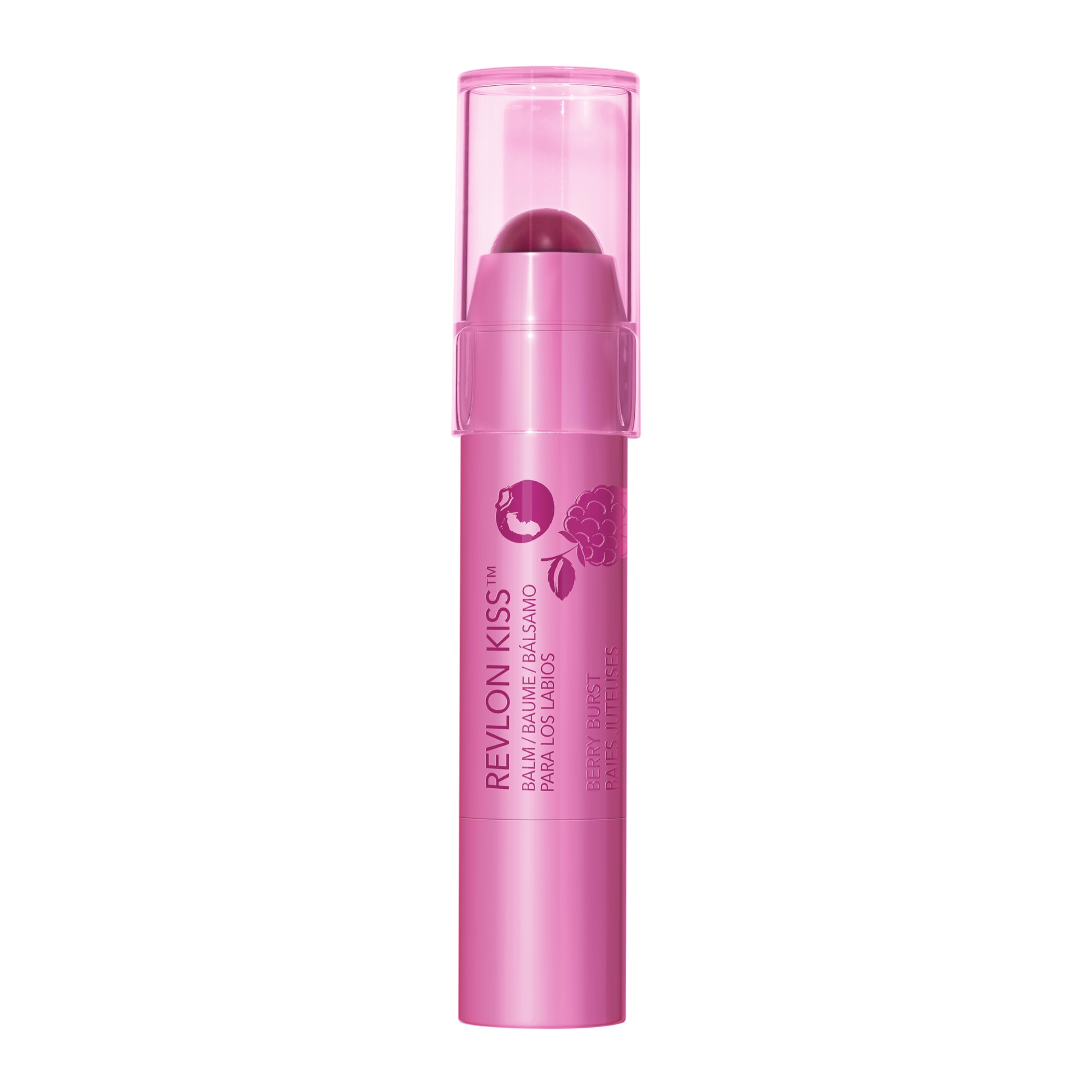 Revlon Kiss Balm Berry Burst flavor note on lips for a fruity touch.