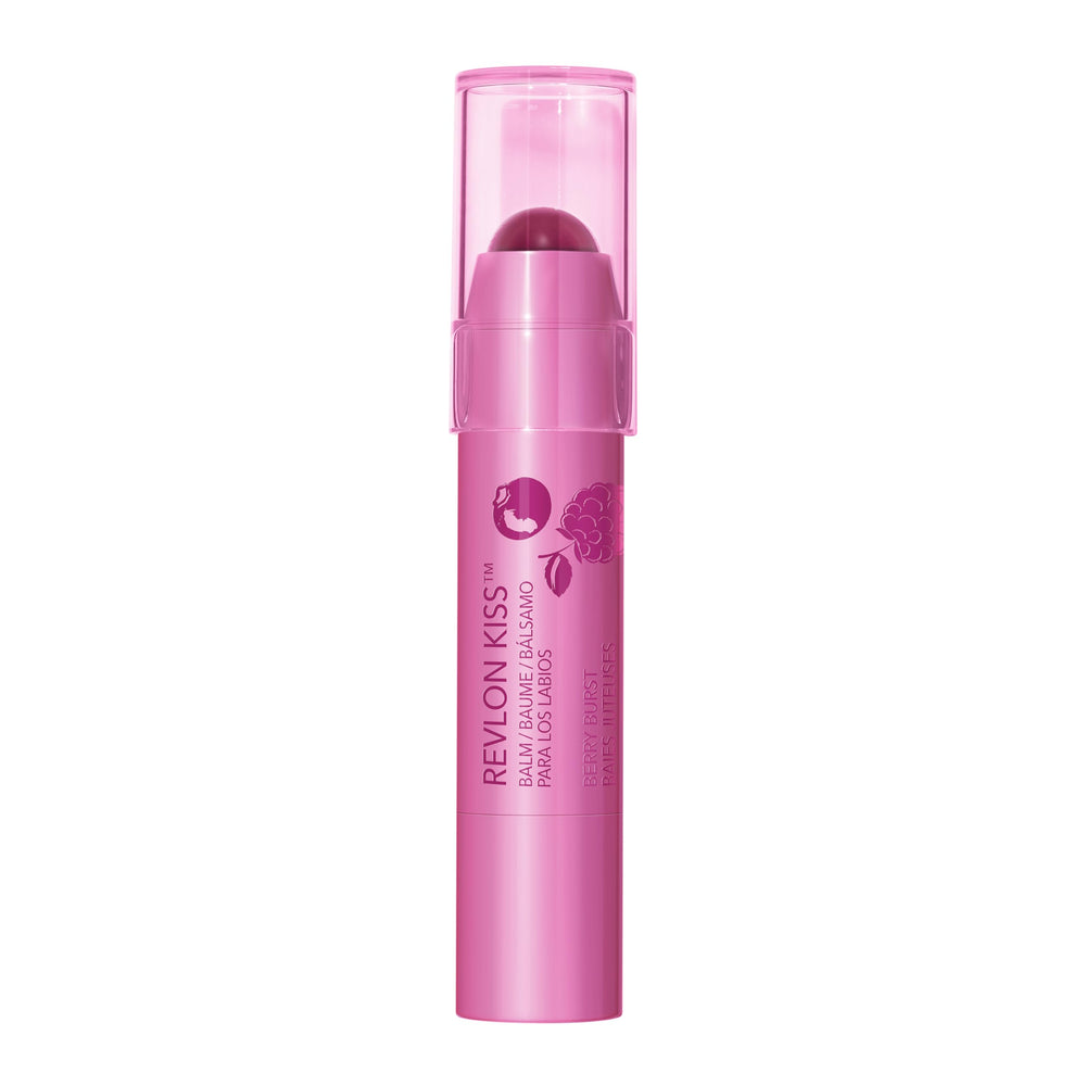 Revlon Kiss Balm Berry Burst flavor note on lips for a fruity touch.