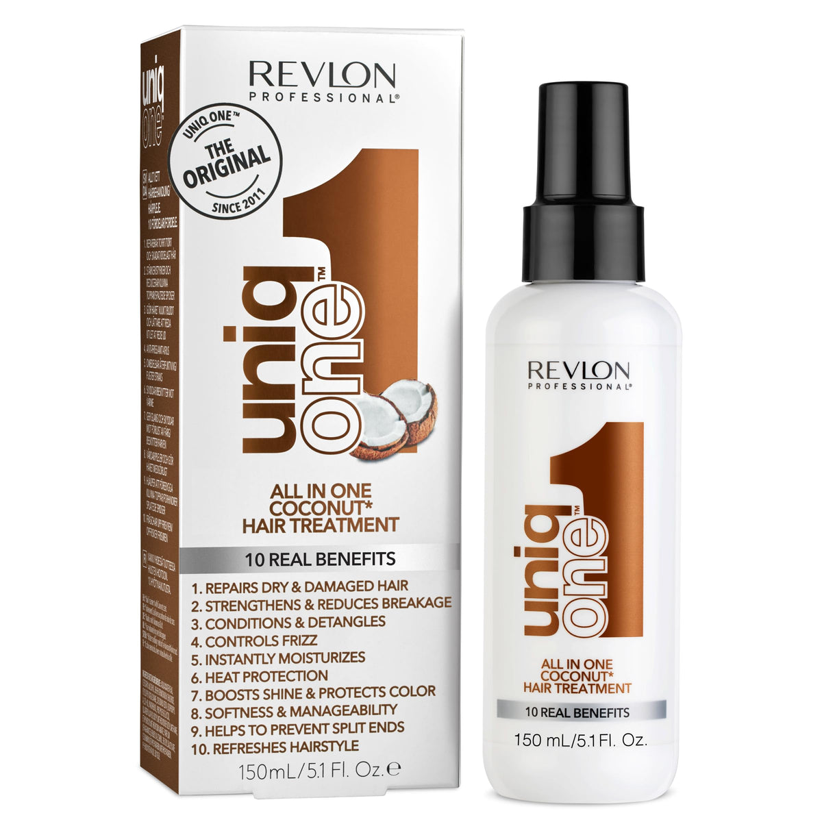 REVLON PROFESSIONAL UniqOne coconut bottle front shows daily all-in-one care benefits.