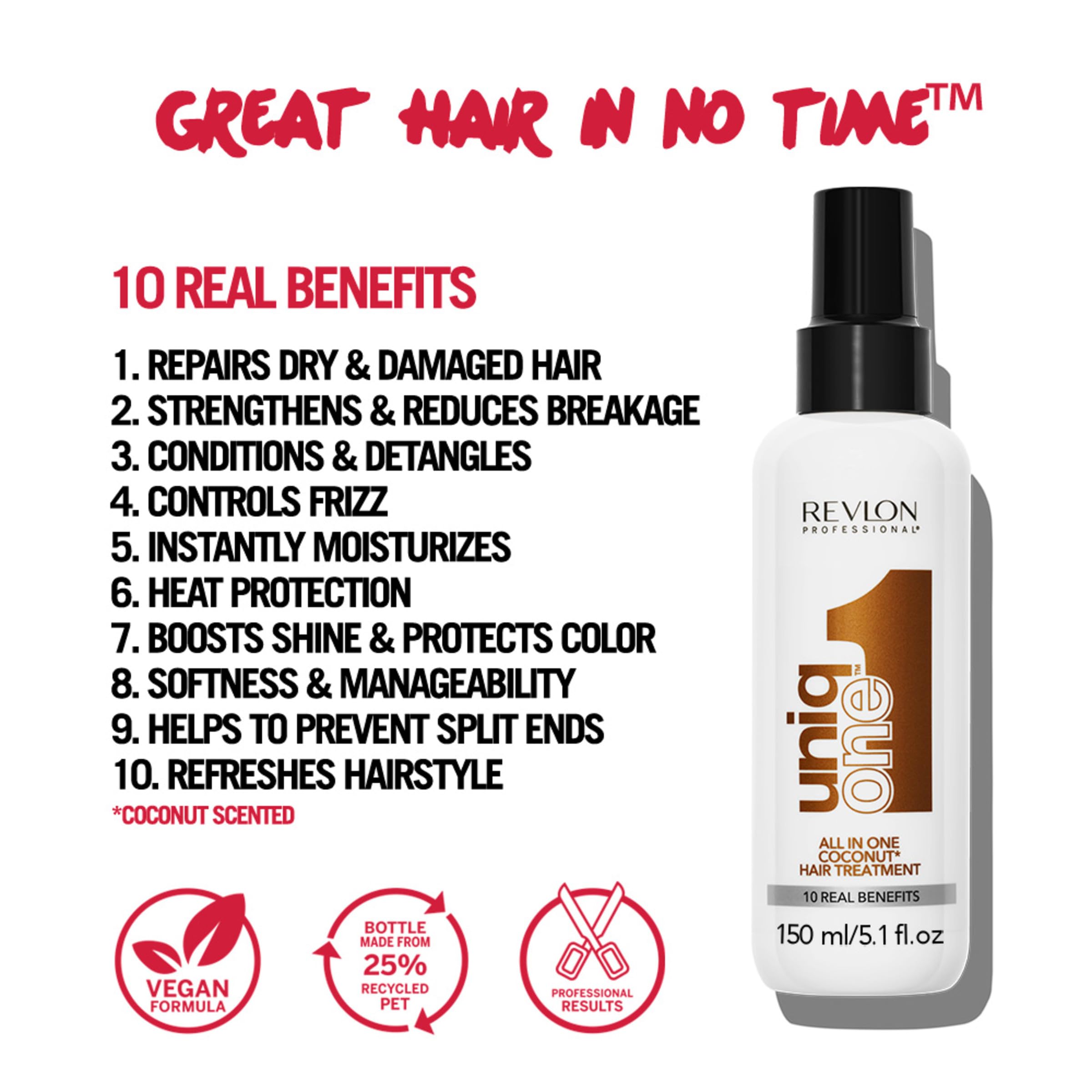 REVLON PROFESSIONAL UniqOne coconut spray-on highlights detangling on wet or dry hair.