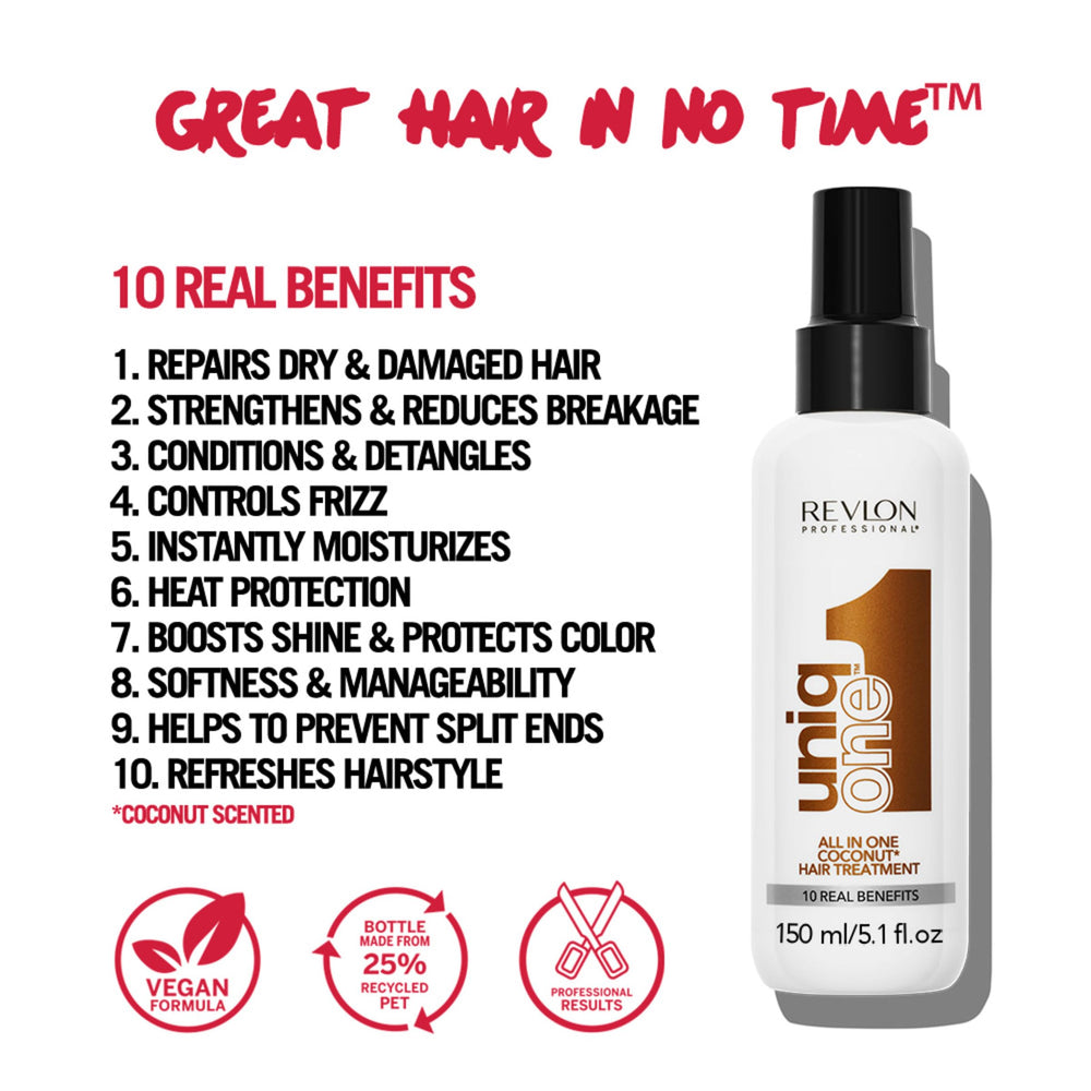 REVLON PROFESSIONAL UniqOne coconut spray-on highlights detangling on wet or dry hair.