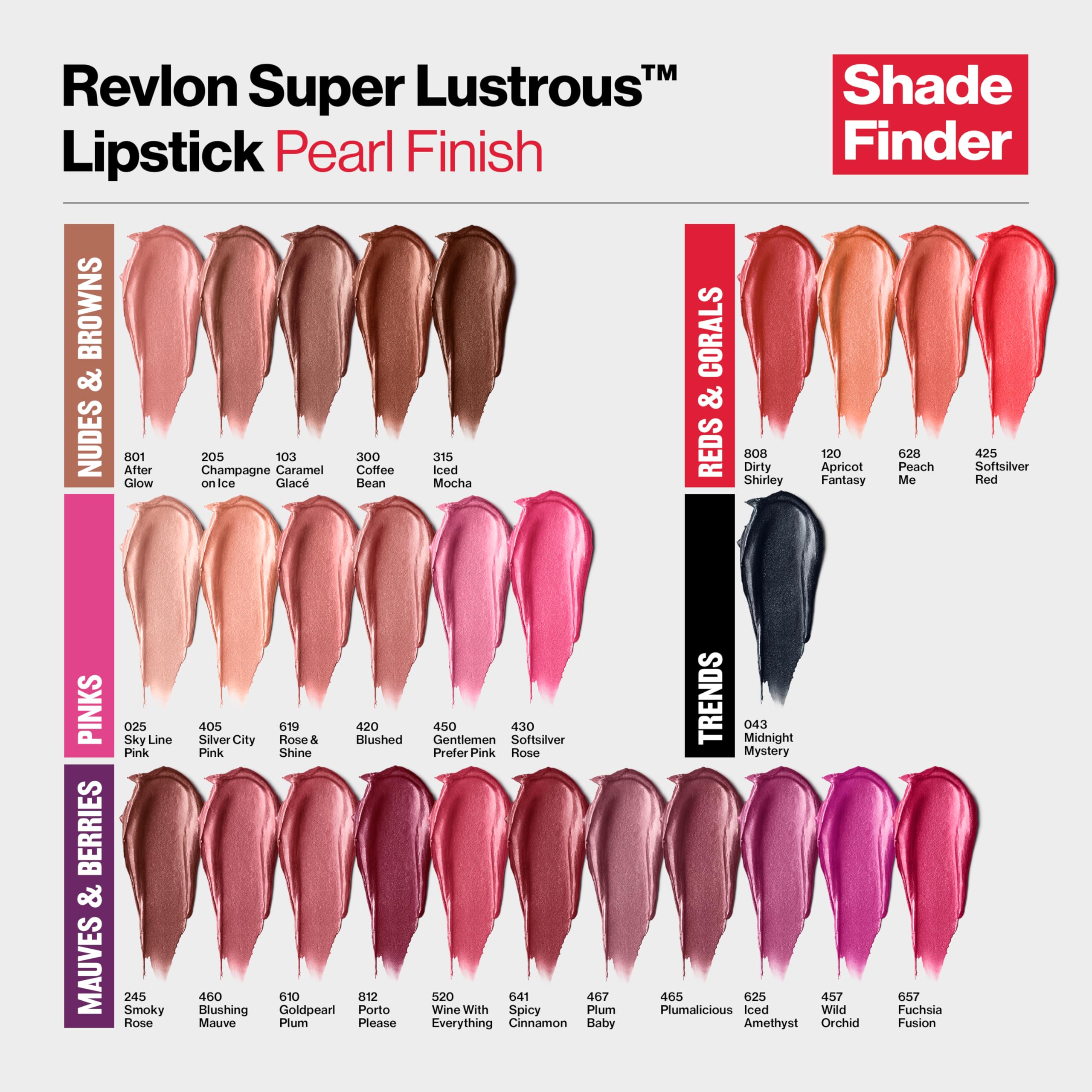 Revlon Super Lustrous Lipstick 72-shades color-range display captures variety.