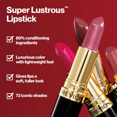REVLON Super Lustrous Lipstick on lips demonstrates soft, fuller-looking appearance