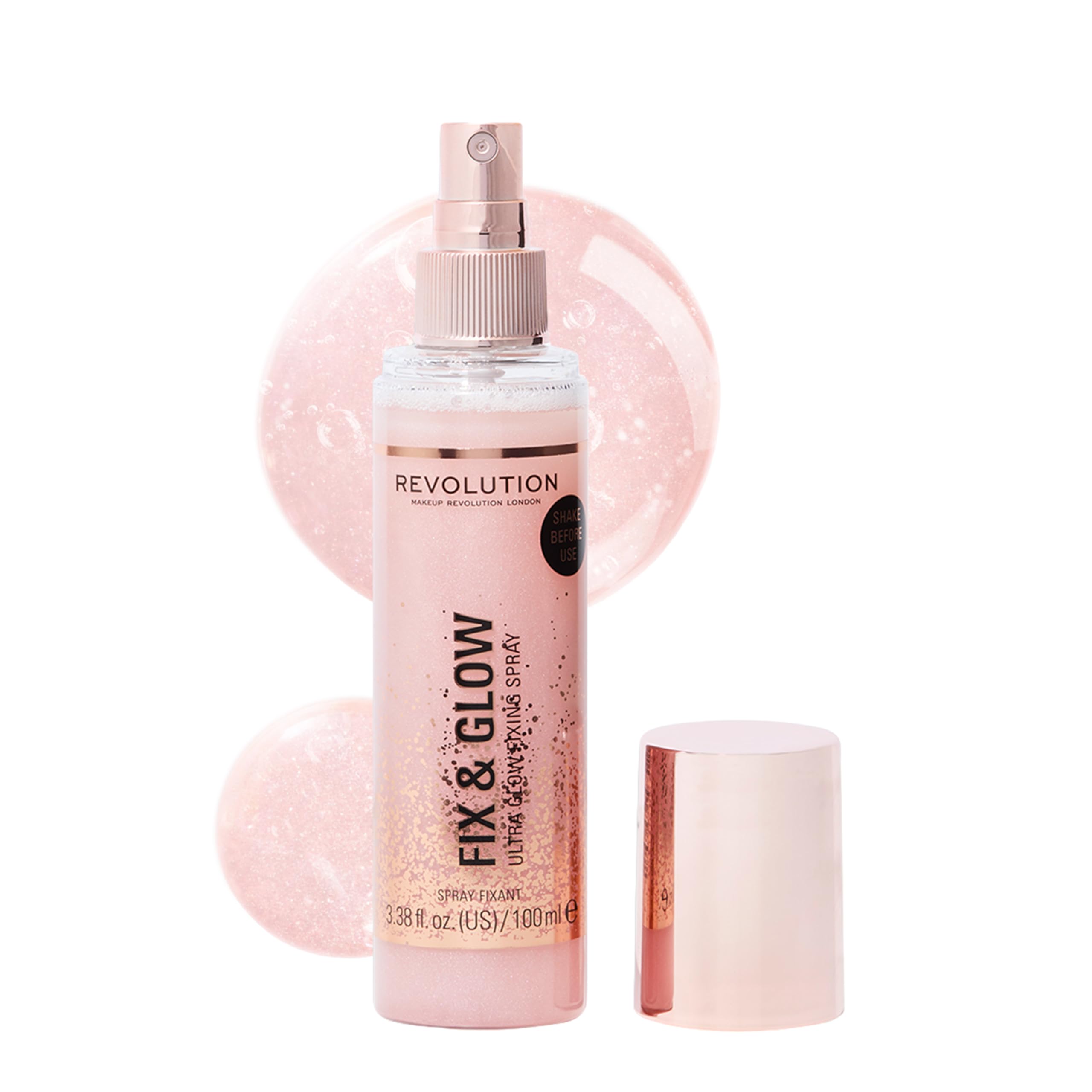 Revolution Beauty London Fix & Glow Spray bottle-pump for a radiant dewy finish and lasting set.