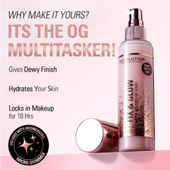 Revolution Beauty London Fix & Glow Spray dewy-finish mist boosts hydration and glow.