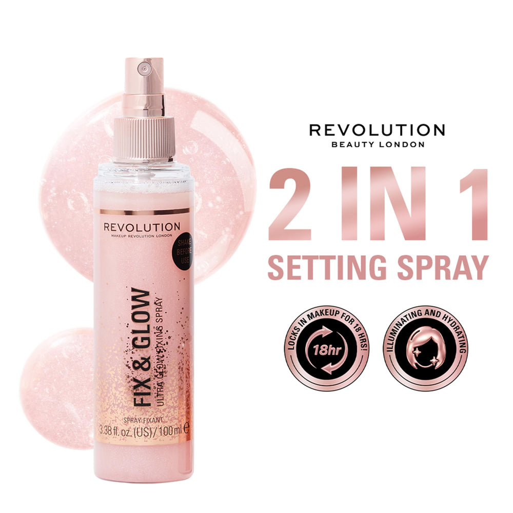 Revolution Beauty London Fix & Glow Spray illuminating-mist to refresh makeup mid-day.