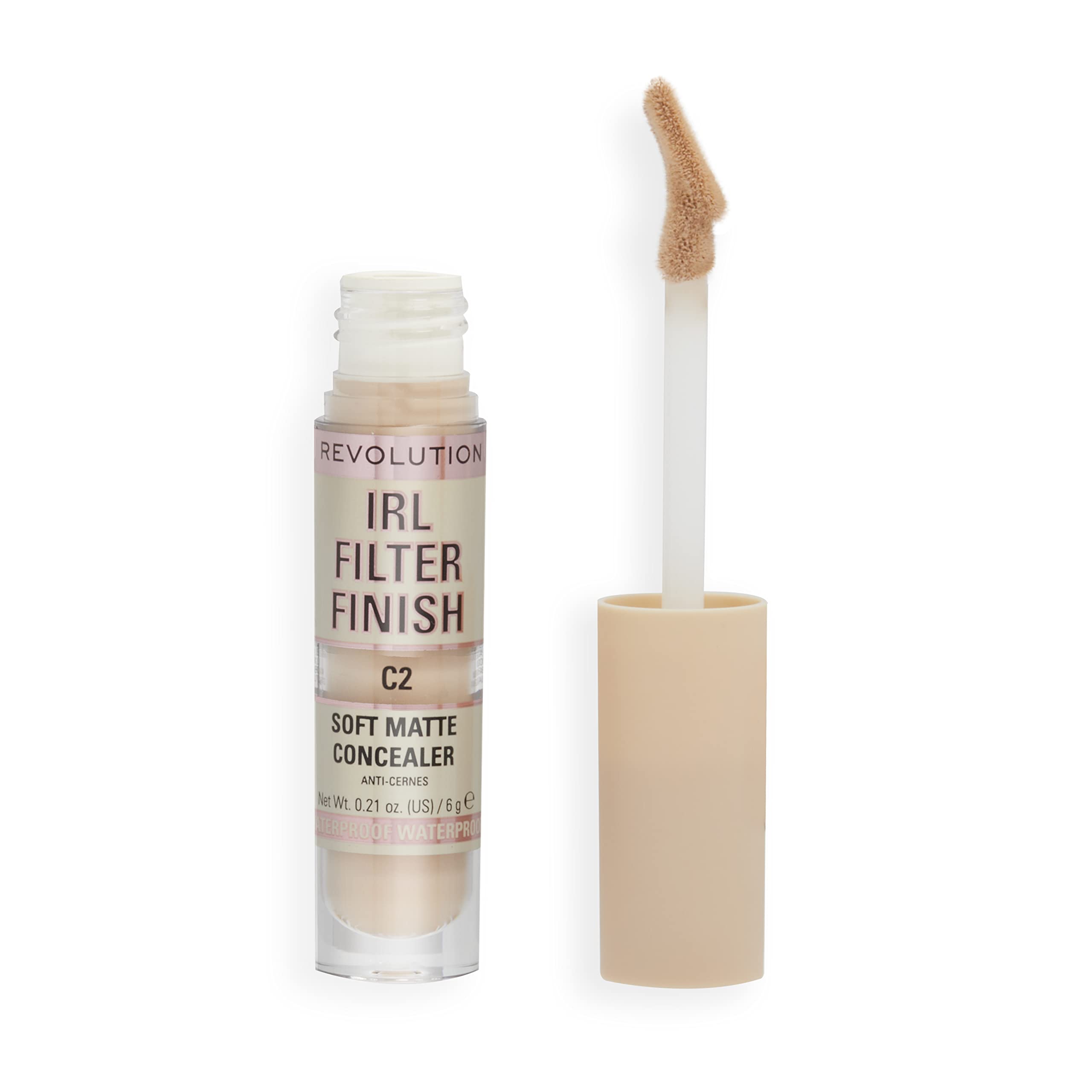 Revolution Beauty London IRL Filter Finish Concealer bottle shows full coverage and lightweight wear.