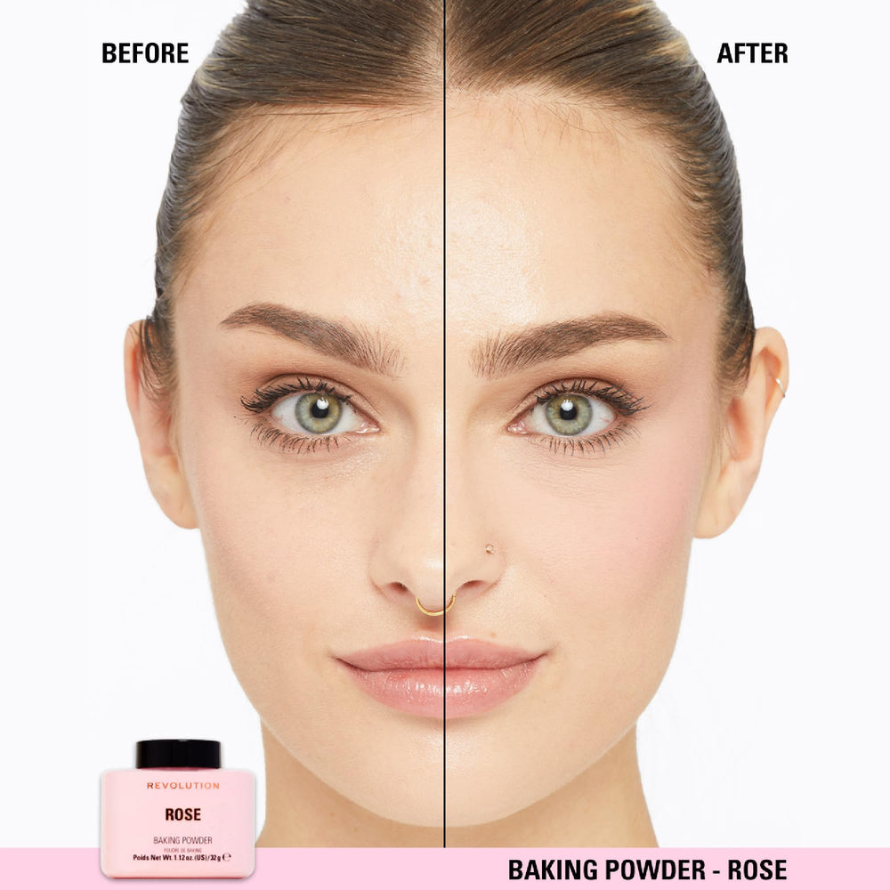 Baking with sponge using Rose loose powder to lock contour