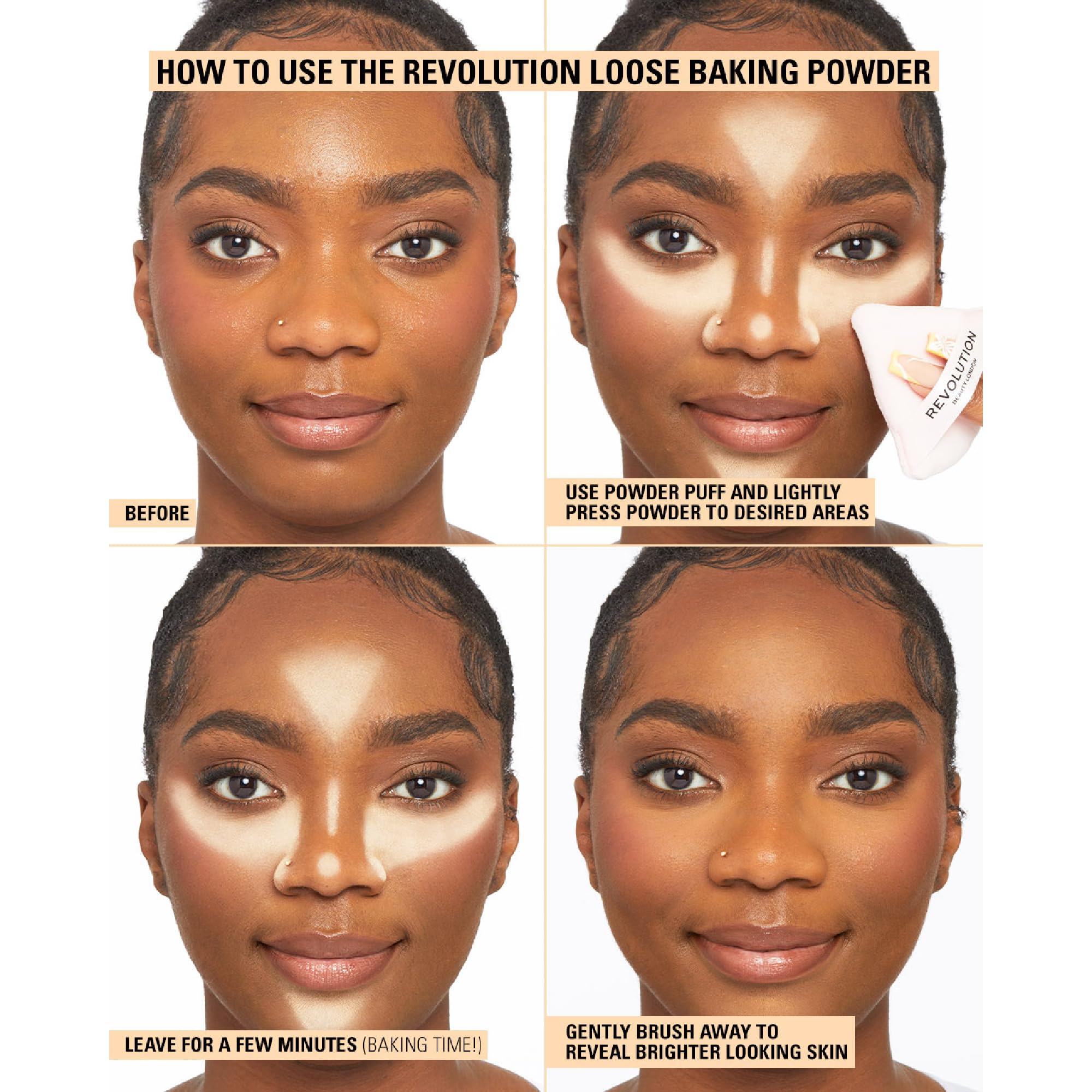 Brush-application scene with Revolution Rose loose powder for light setting