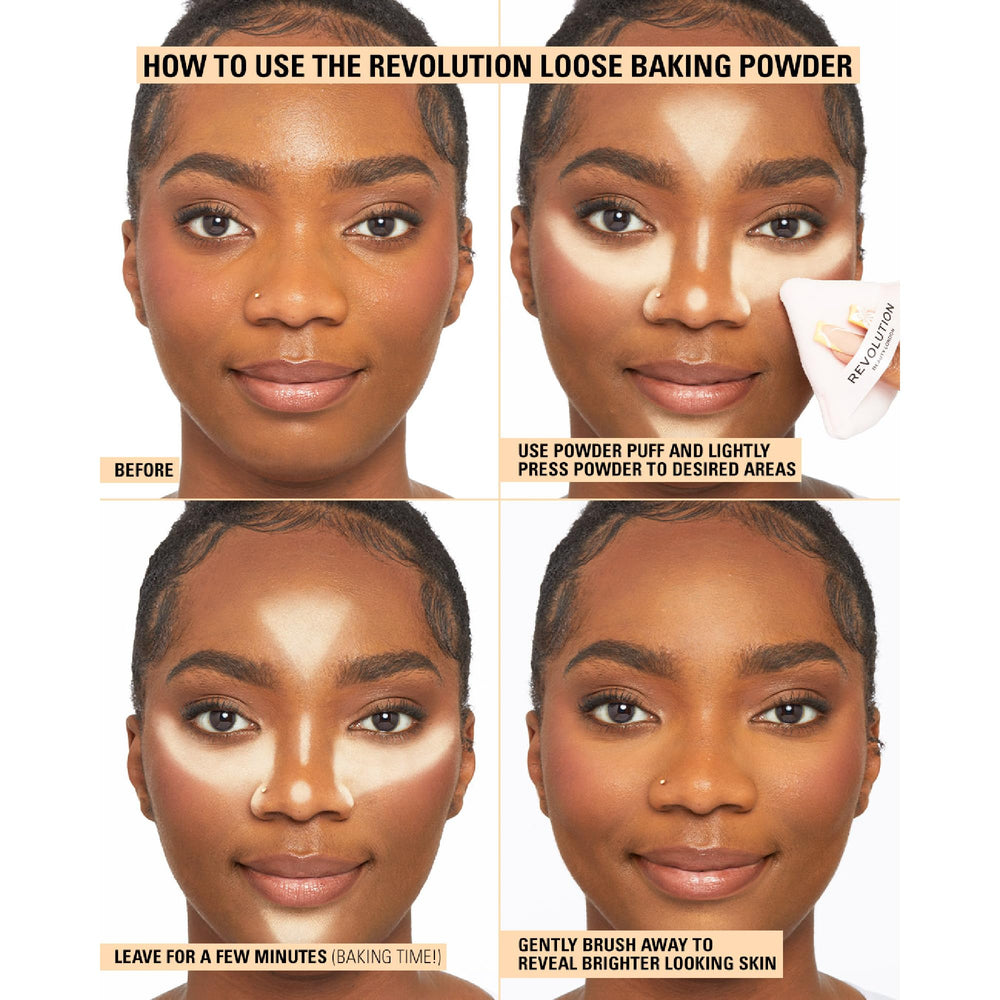Brush-application scene with Revolution Rose loose powder for light setting