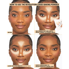 Brush-application scene with Revolution Rose loose powder for light setting
