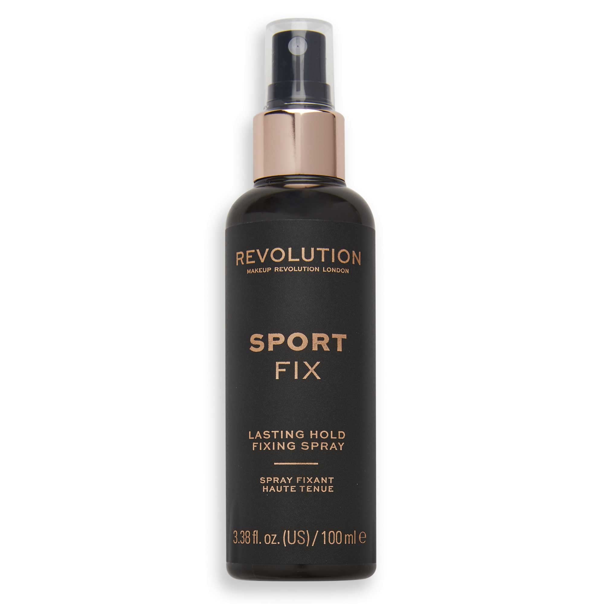 Revolution Beauty London Sport Fix spray bottle ready for long-lasting makeup hold.
