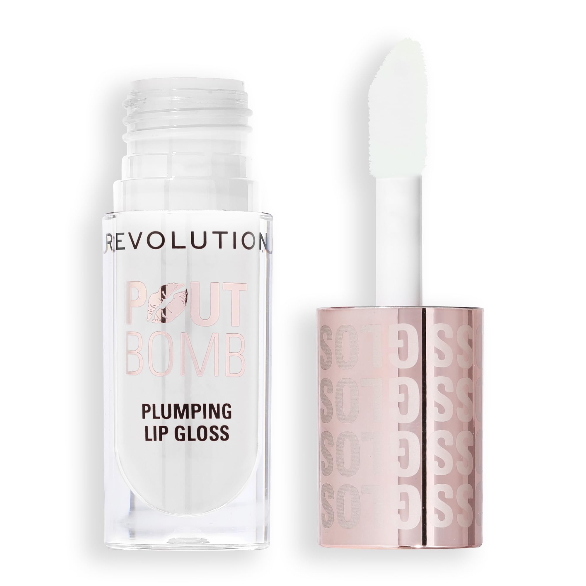 Revolution Beauty London Pout Bomb gloss with XXL applicator for easy high-shine application.