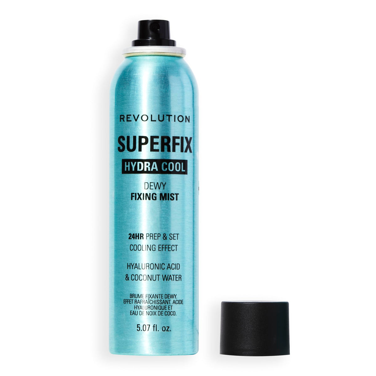 Revolution Superfix Hydra Cool Mist bottle demonstrates lasting makeup hydration.