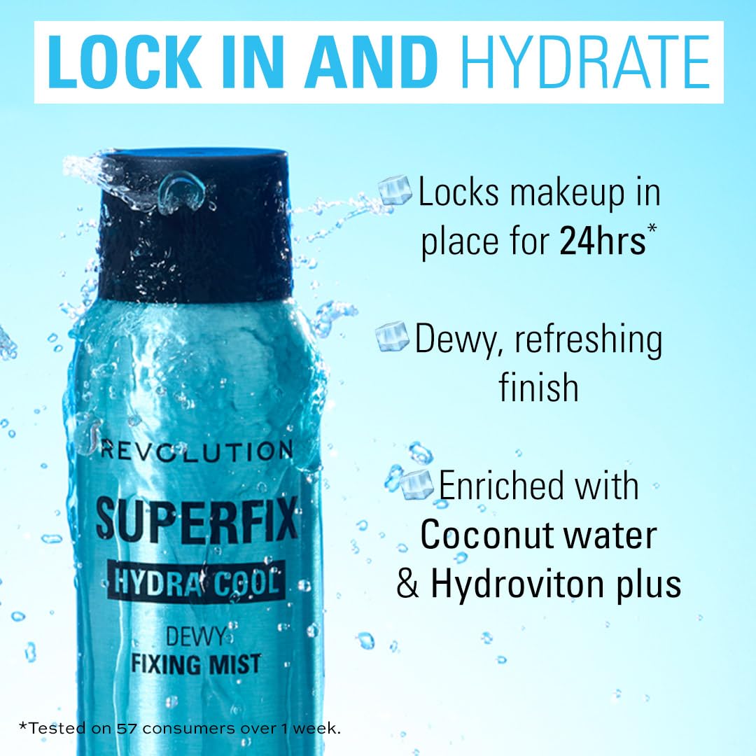 Close-up label on Revolution Superfix mist highlights Aloe Vera benefits.