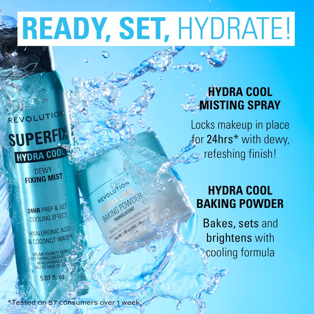 Face after spray shows dewy hydration with Revolution Superfix mist.