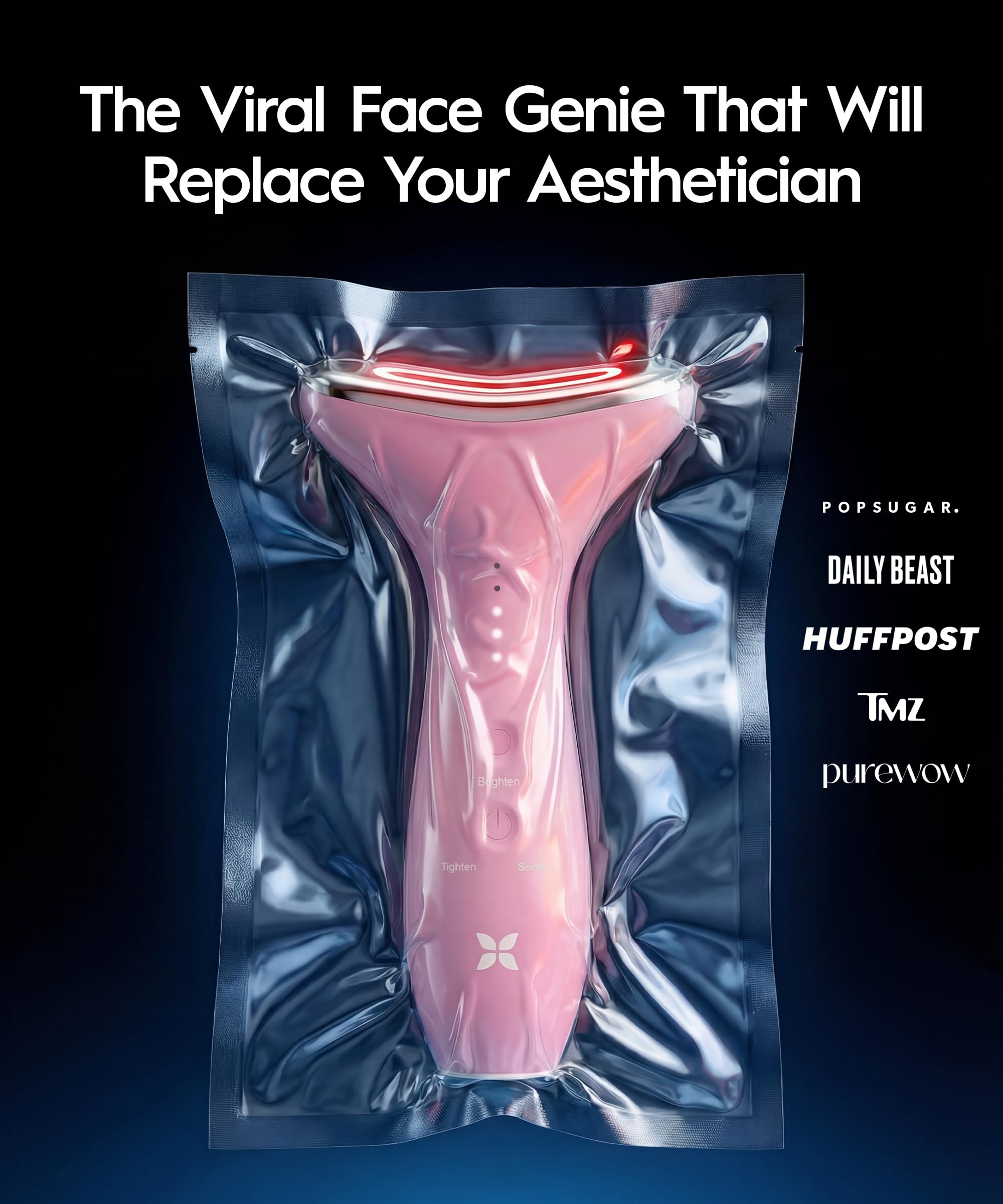 REVOMADIC REVO Genie targets jawline with heat and vibration for contouring.
