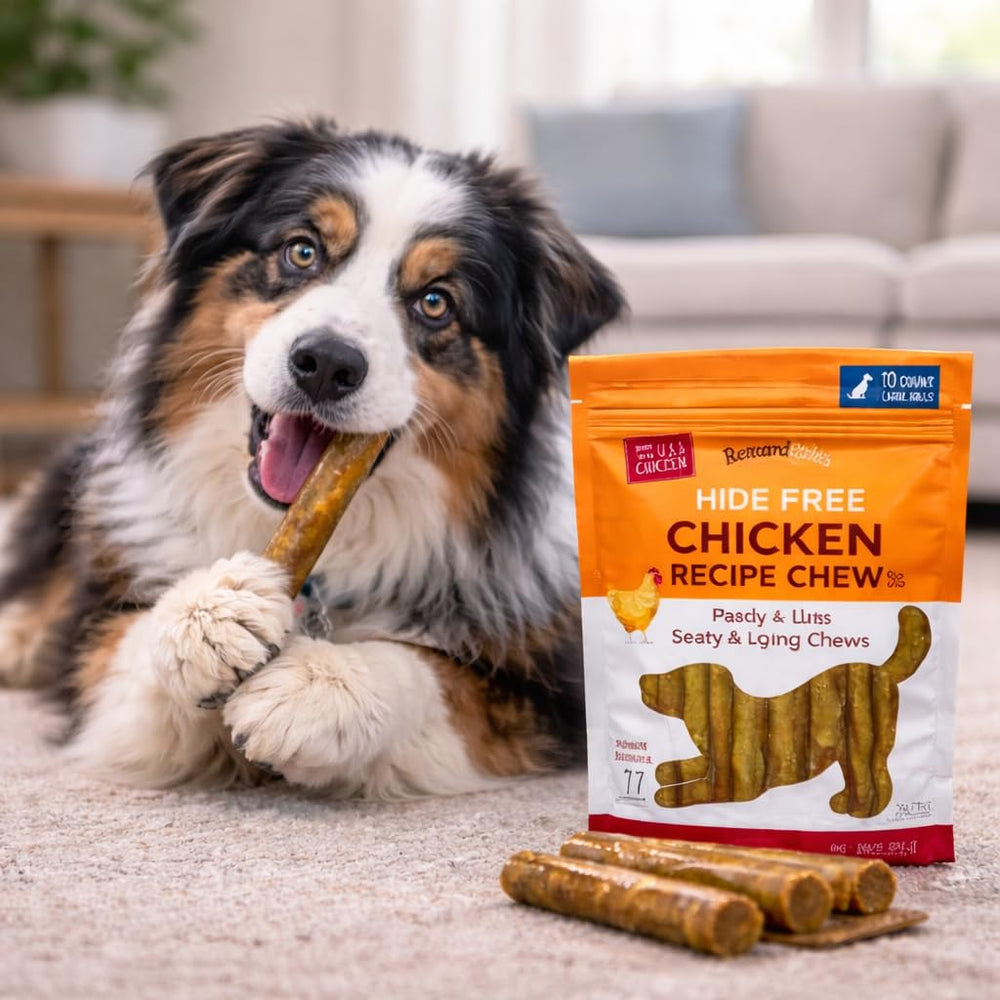A dog enjoys Rewardables chew with grain-free formula for sensitive diets.