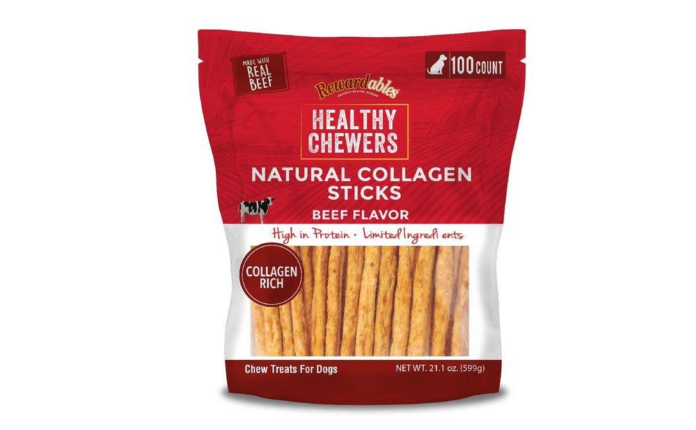 Rewardables healthy chewers collagen sticks with beef coating for tasty oral care.