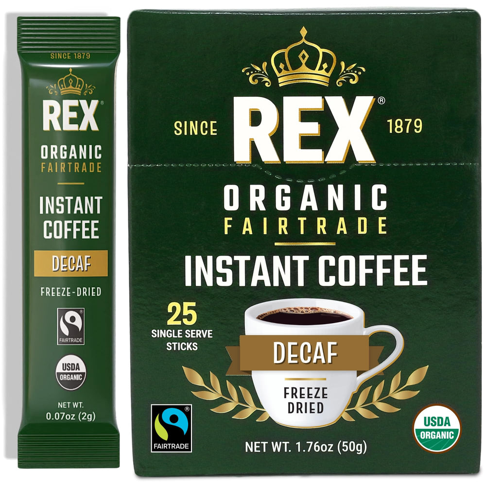 REX COFFEE organic fairtrade decaf stick box on kitchen counter for easy mornings