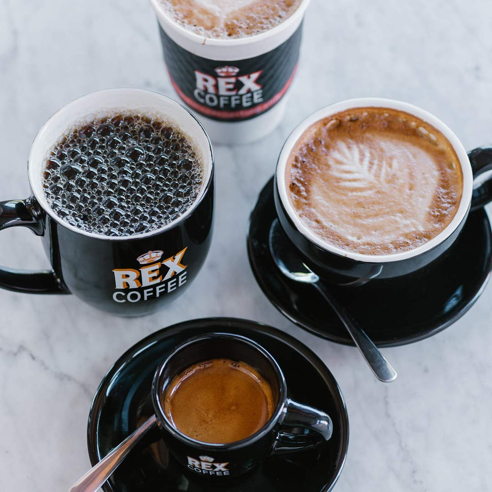 REX COFFEE prepared cup with inviting aroma and medium roast