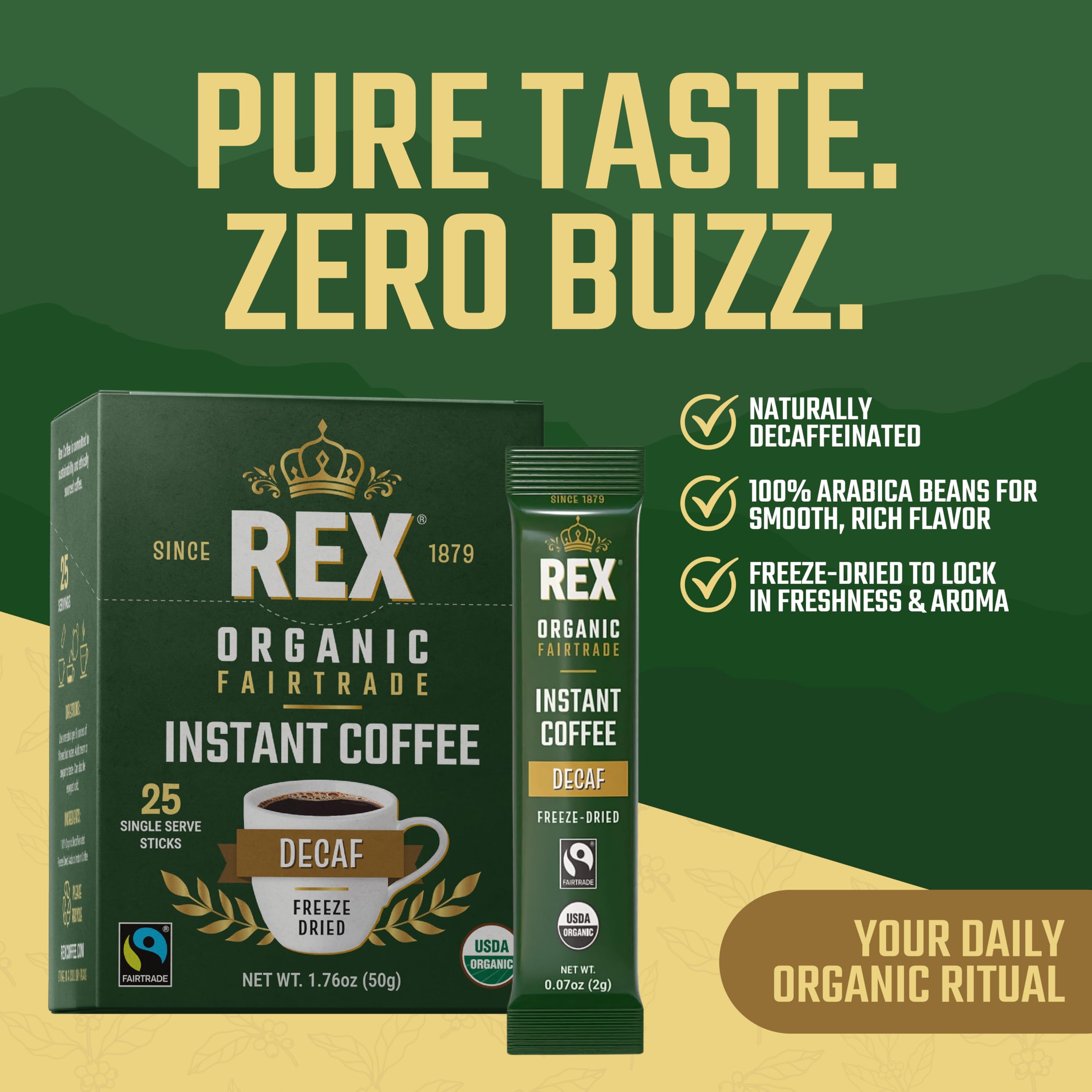 Single-serve decaf stick pack ready to brew in hot or cold water