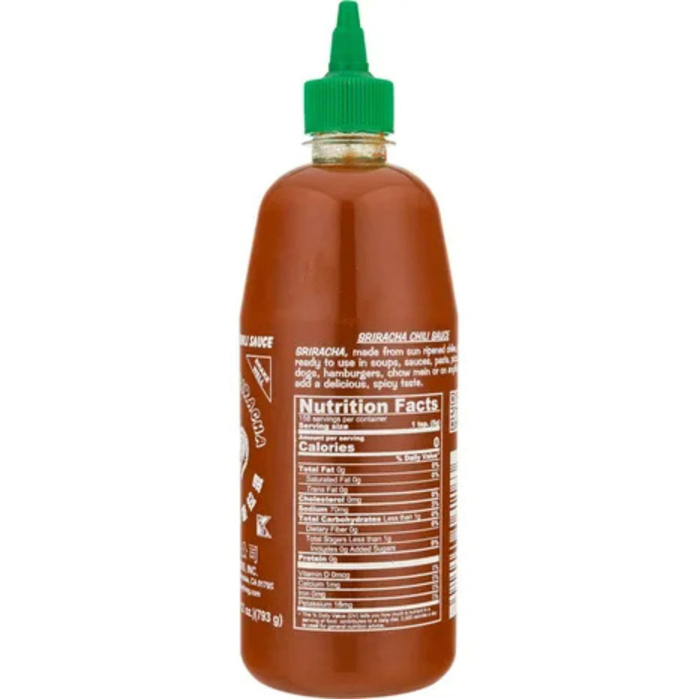 Rex Sriracha label close-up shows rooster branding and classic ingredients.