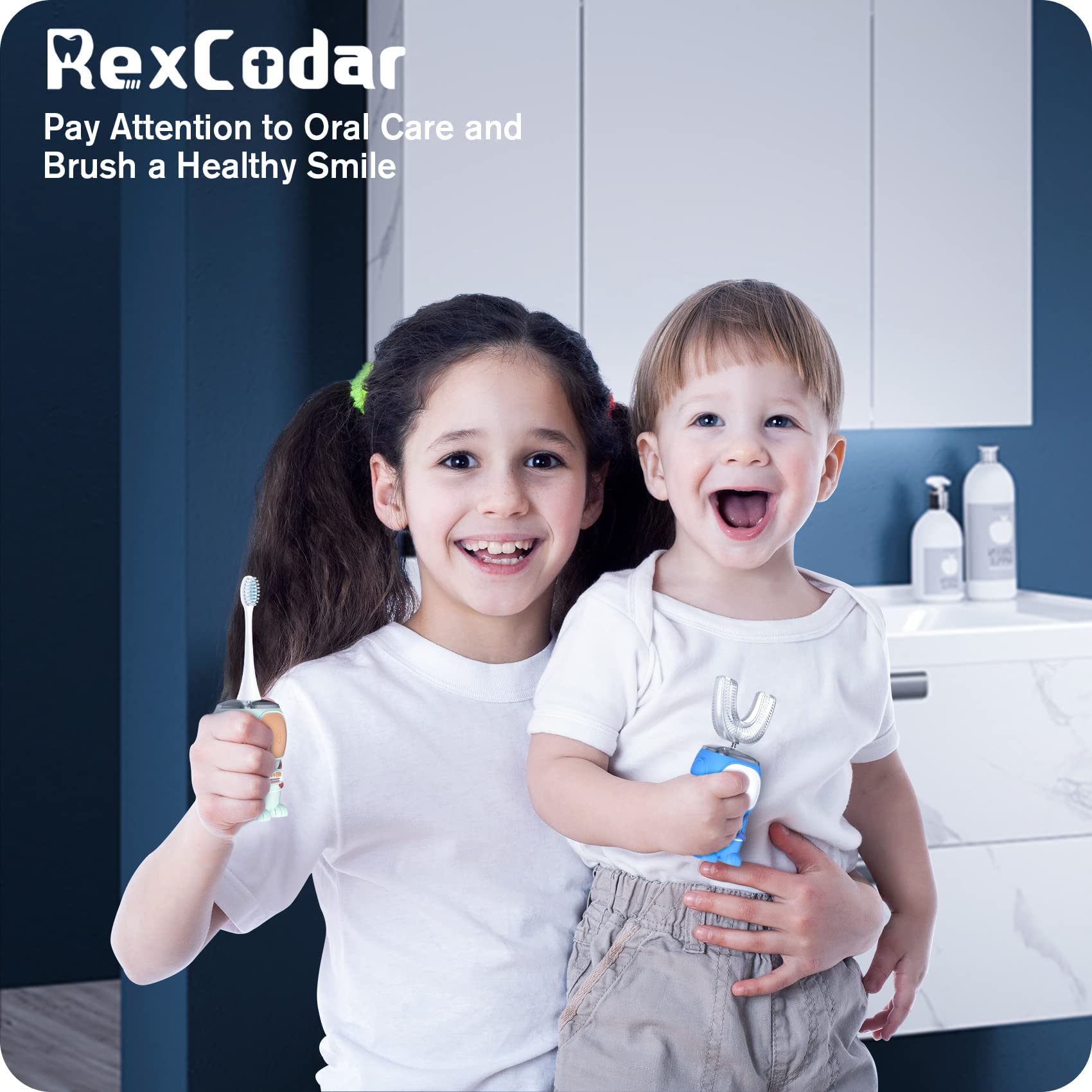 RexCodar Ultrasonic Kids toothbrush blue includes two brush heads and a straight-handle option