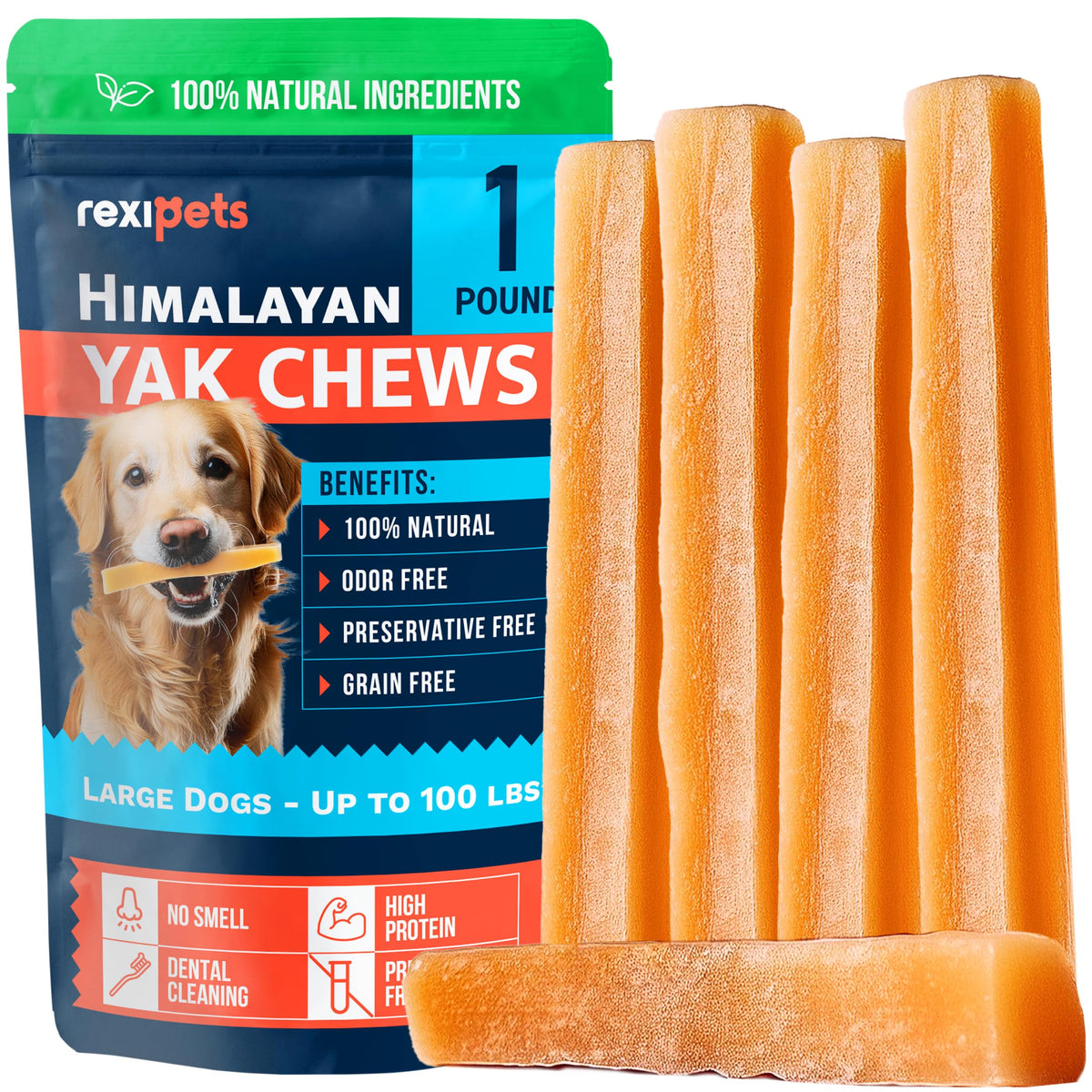 REXIPETS yak chews for large dogs offer long-lasting engagement and dental support.