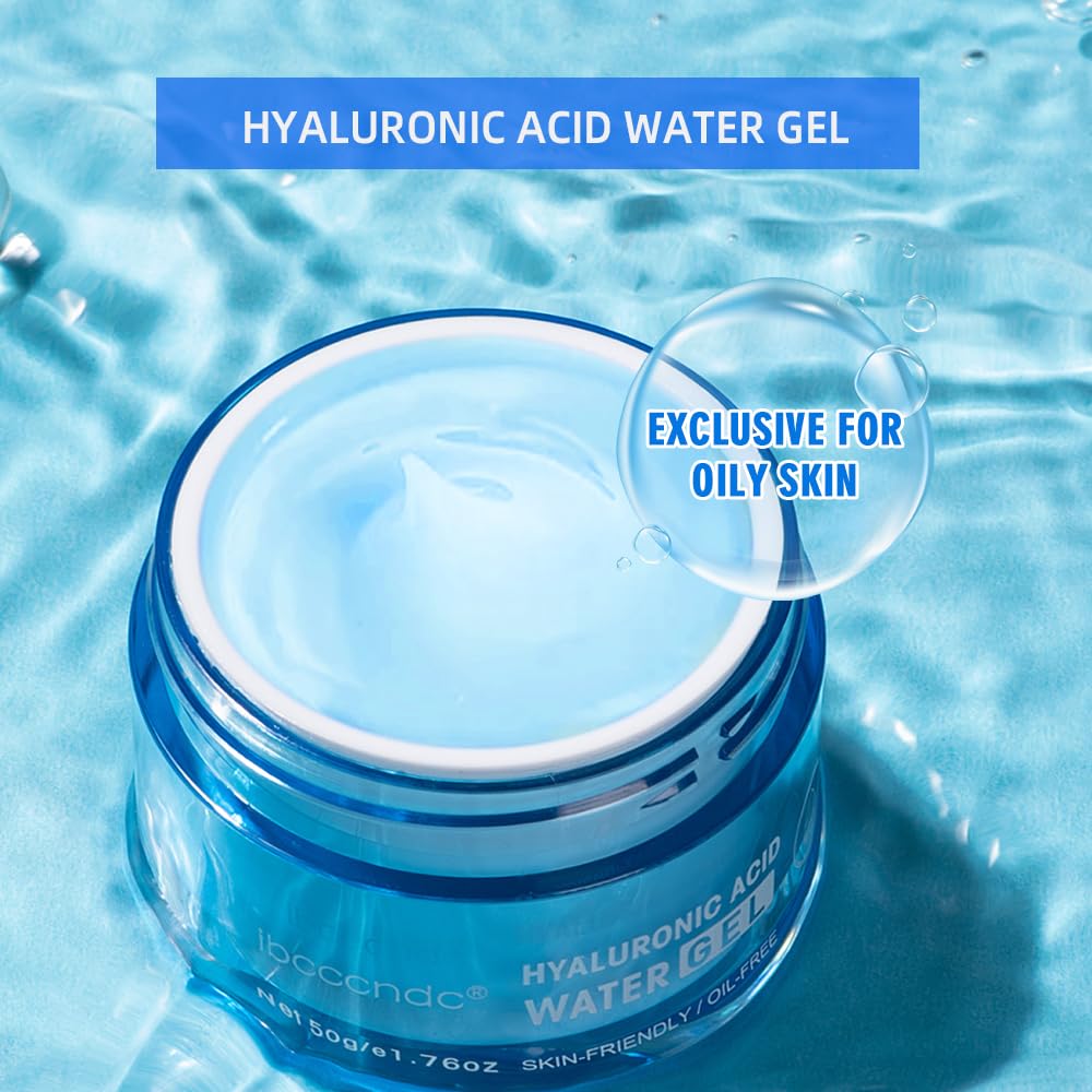Product label and jar cap emphasizing hyaluronic acid formula and water-based hydration
