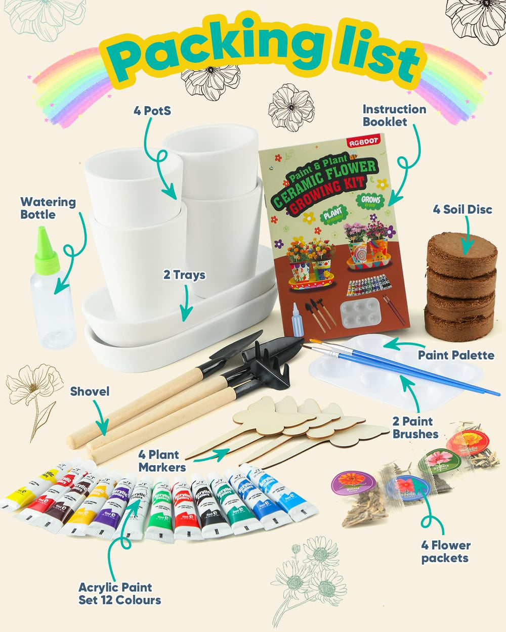 RGBDOT Kids Garden Set 12 paint tubes in vibrant colors for creative artwork.