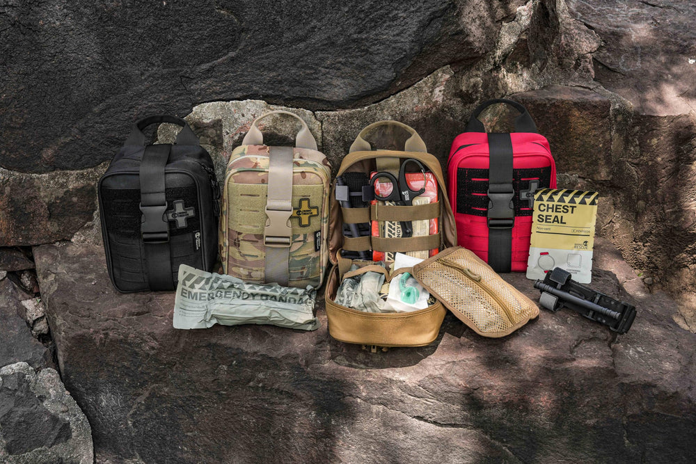 RHINO RESCUE IFAK Molle pouch with vehicle headrest clip for on-the-go readiness.