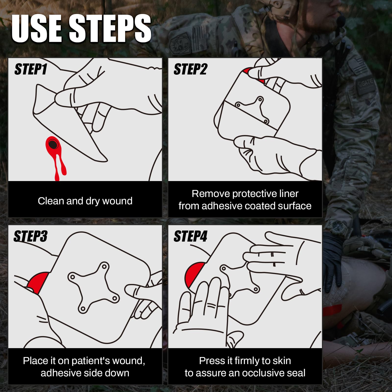 RHINO RESCUE two-tab chest seal application enabling quick single-step use