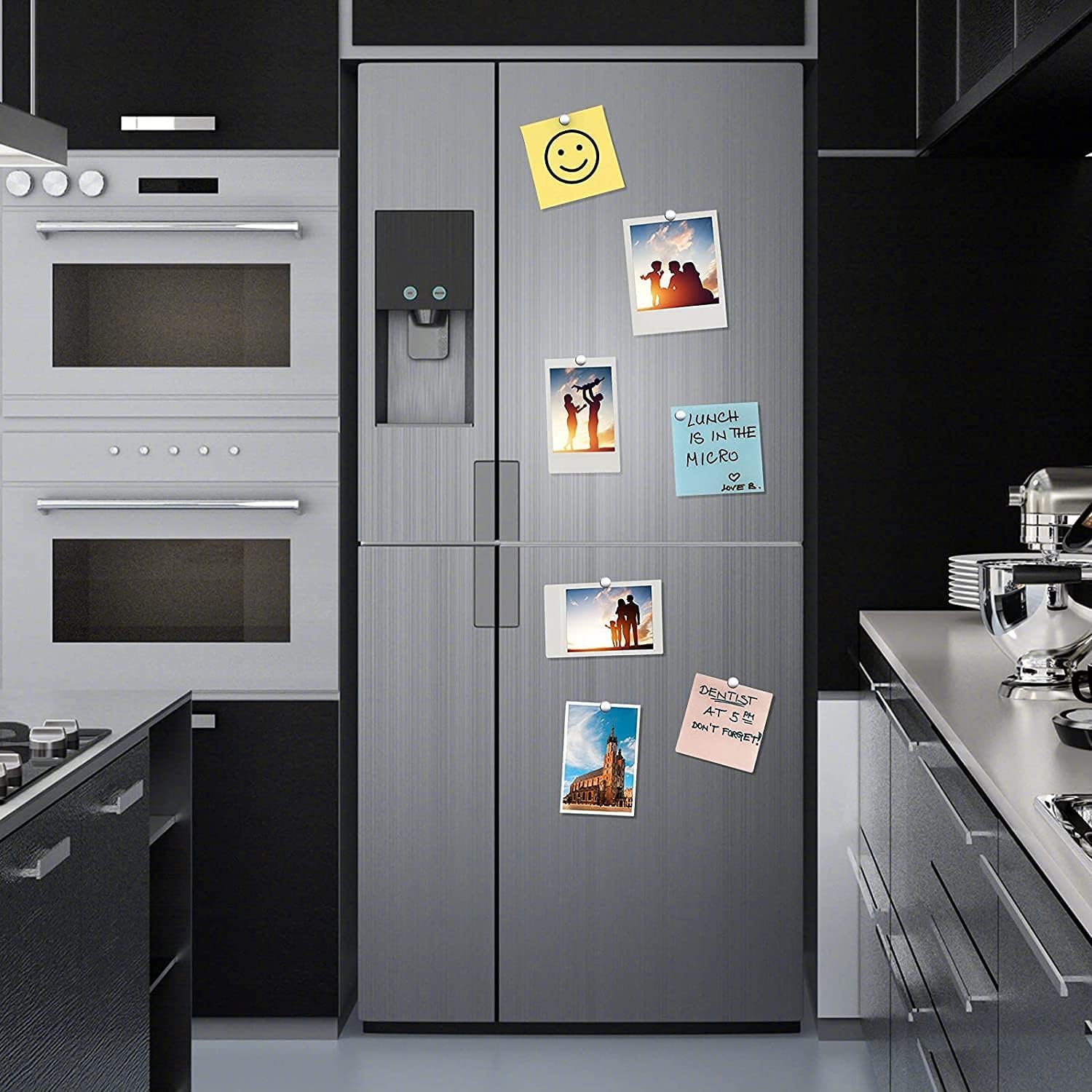 Rhinocats fridge magnets 6x3mm securing photos and notes.