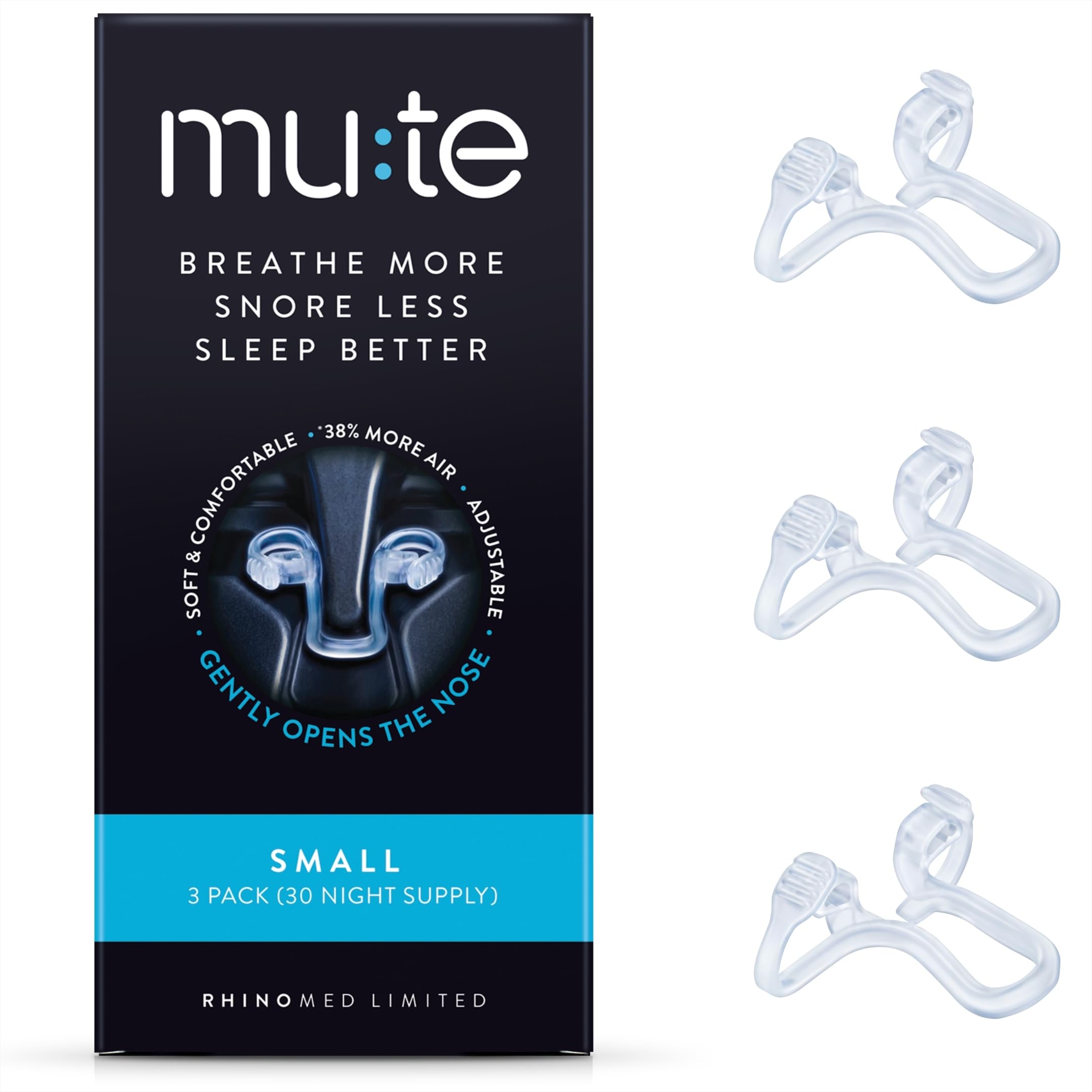 Rhinomed Mute small-pack nasal dilator trio supports snore reduction while you sleep.