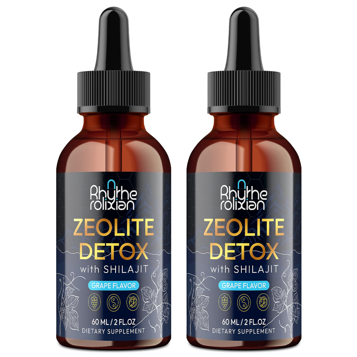 RHYTHEROLIXIAN Zeolite Detox Drops bottle showing grape flavor for daily wellness