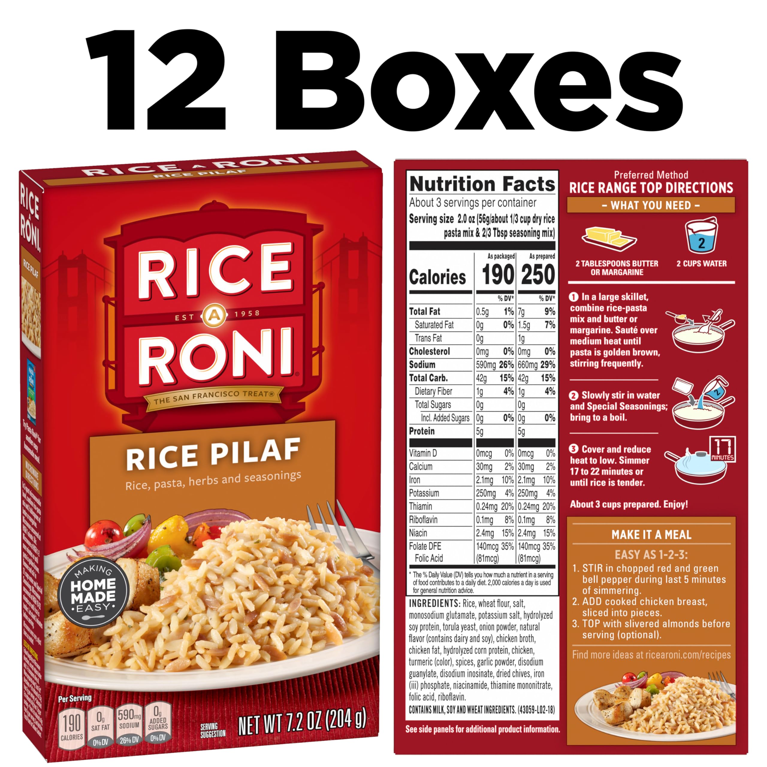 Rice-A-Roni Rice Pilaf box close-up shows herbs and seasoning, inviting quick meals.