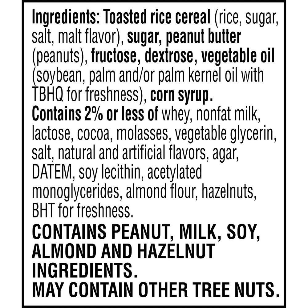 Rice Krispies Treats bar cross-section reveals peanut butter layer and chocolate base.