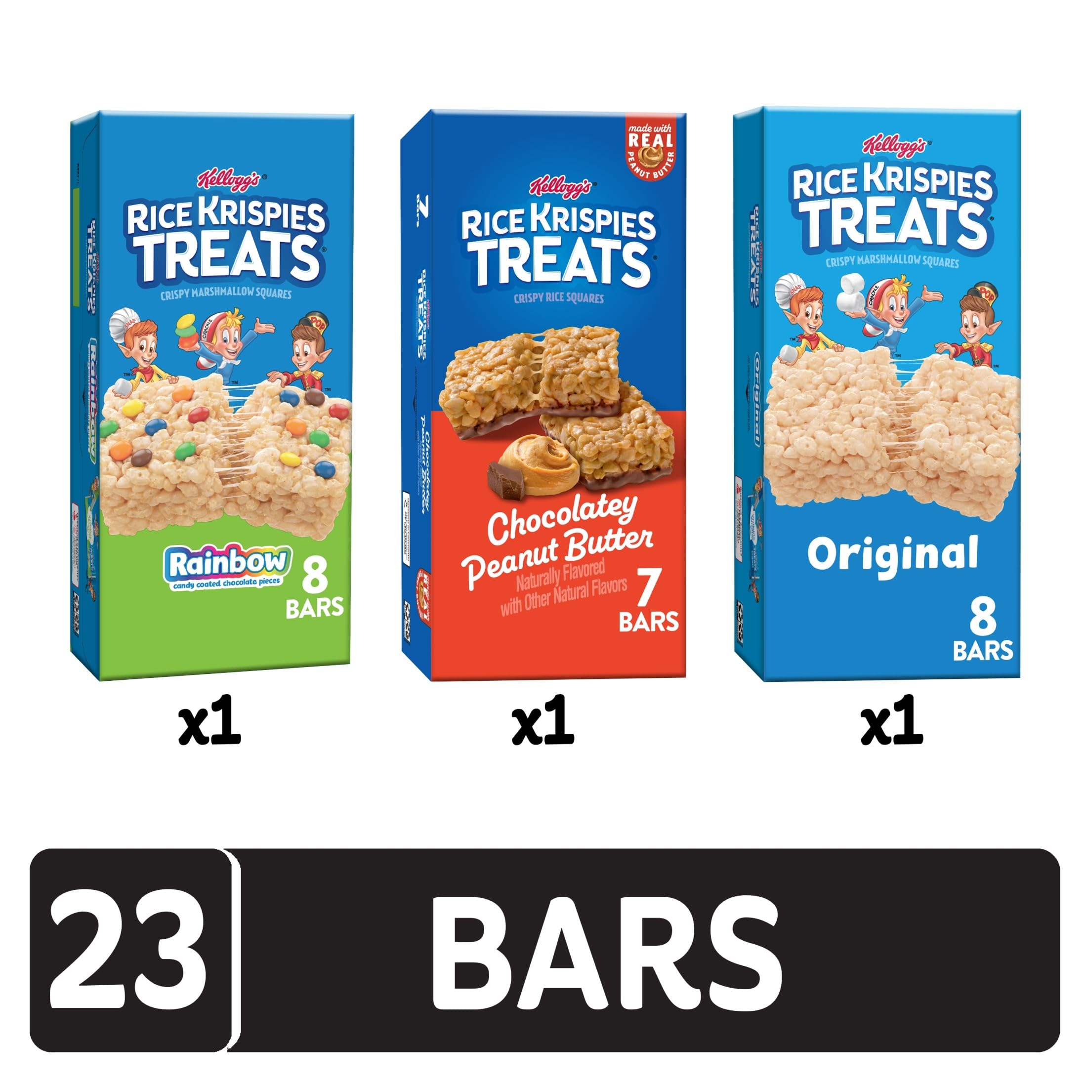 Rice Krispies Treats Variety Pack box featuring Original, Rainbow and Chocolatey Peanut Butter flavors.