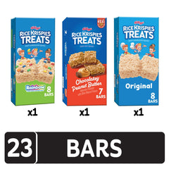 Rice Krispies Treats Variety Pack box featuring Original, Rainbow and Chocolatey Peanut Butter flavors.